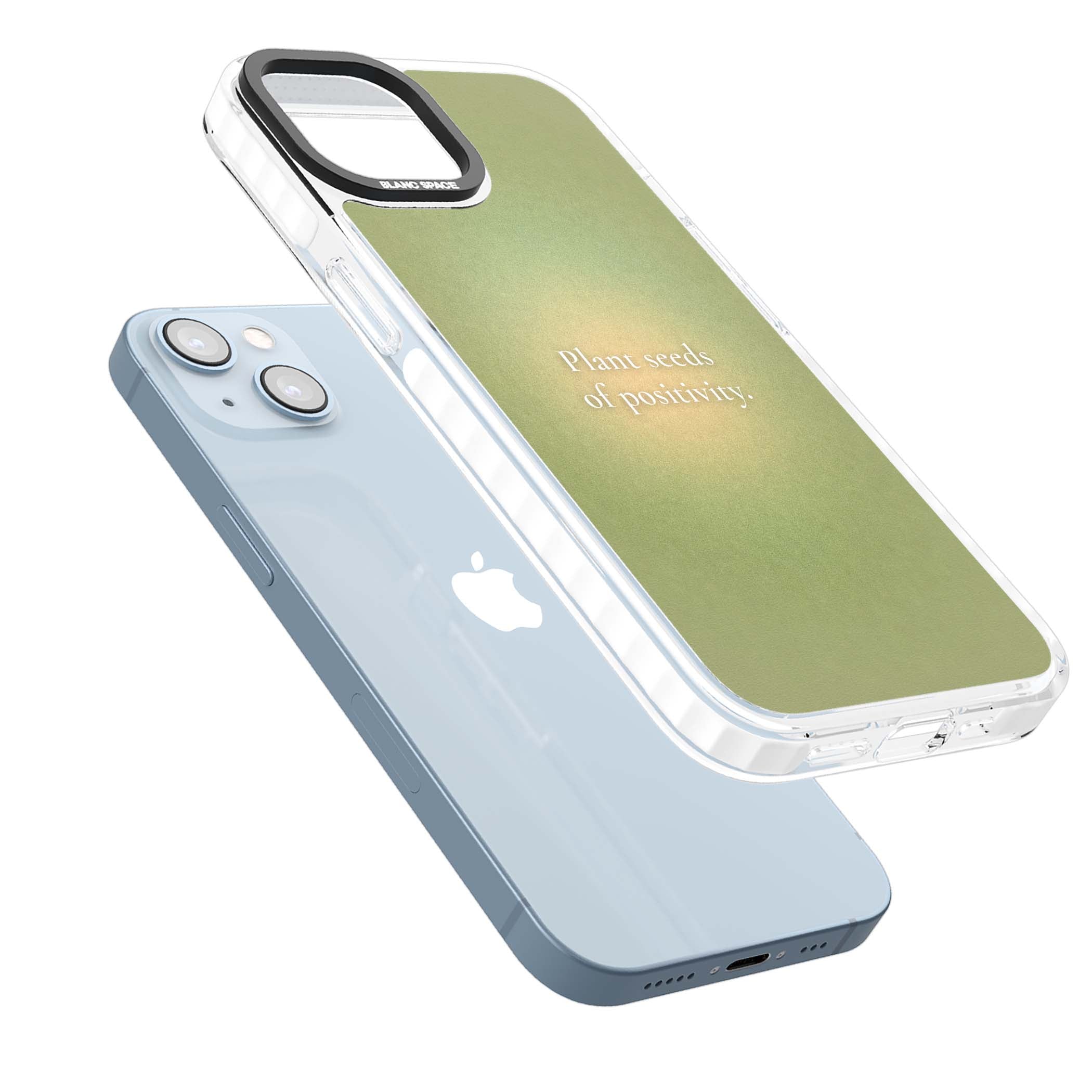 Seeds of Positivity quote iPhone case featuring a sage green aura gradient and golden glow affirmation | Impact Magsafe case for iPhone 13, iPhone 14, iPhone 15