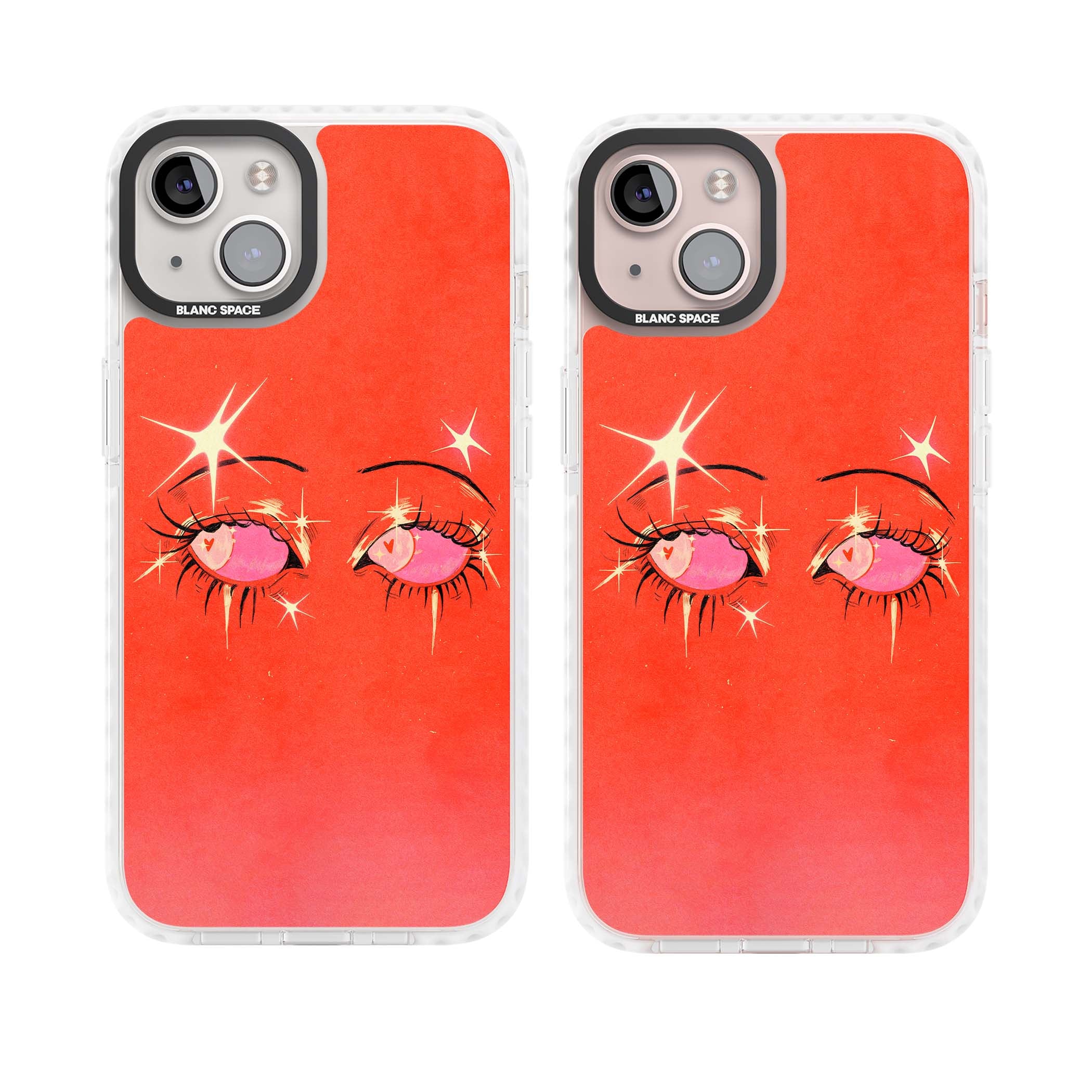 Pink Ethereal Eyes anime iPhone case featuring hand-drawn sparkly eyes with pink hearts and gold stars on red | Impact Magsafe case for iPhone 13, iPhone 14, iPhone 15