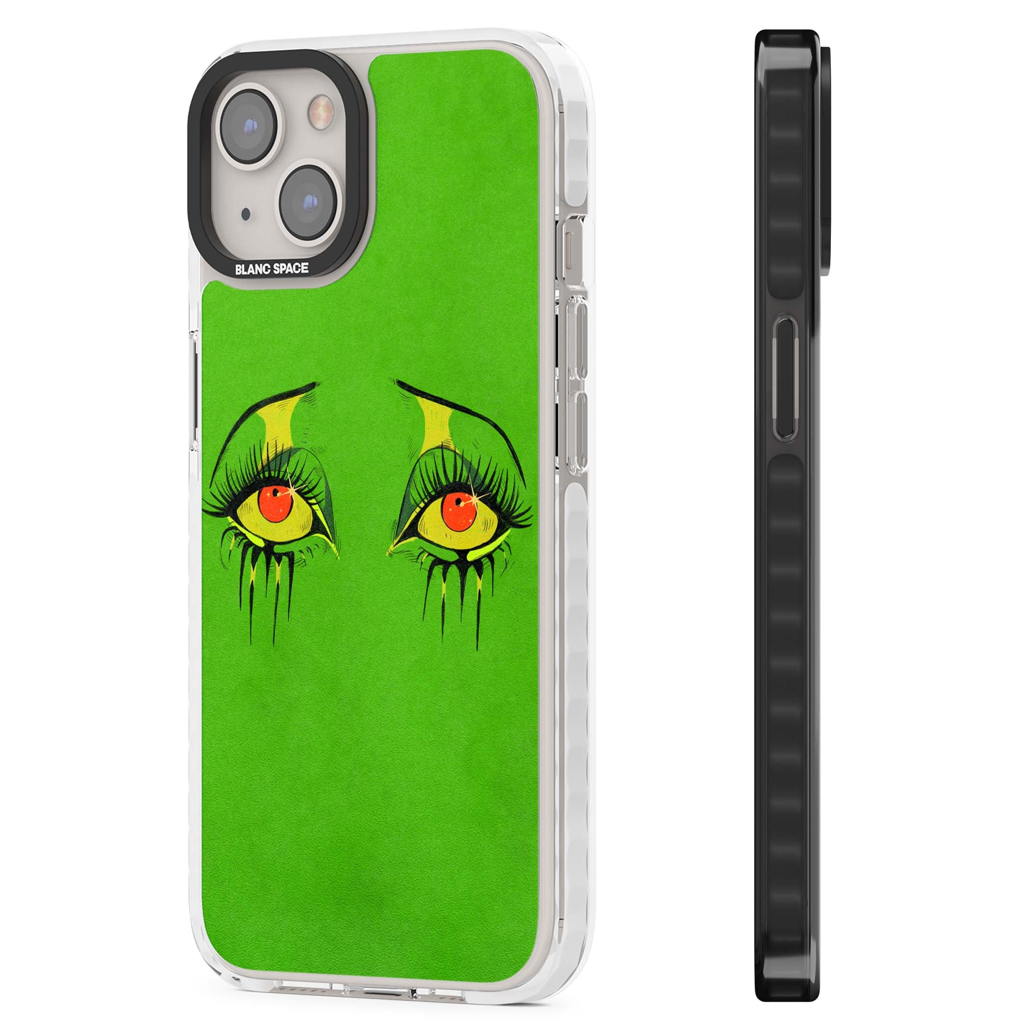 Green Enchanted Eyes psychedelic art iPhone case featuring hand-drawn dripping eyes on neon green background | Impact Magsafe case for iPhone 13, iPhone 14, iPhone 15