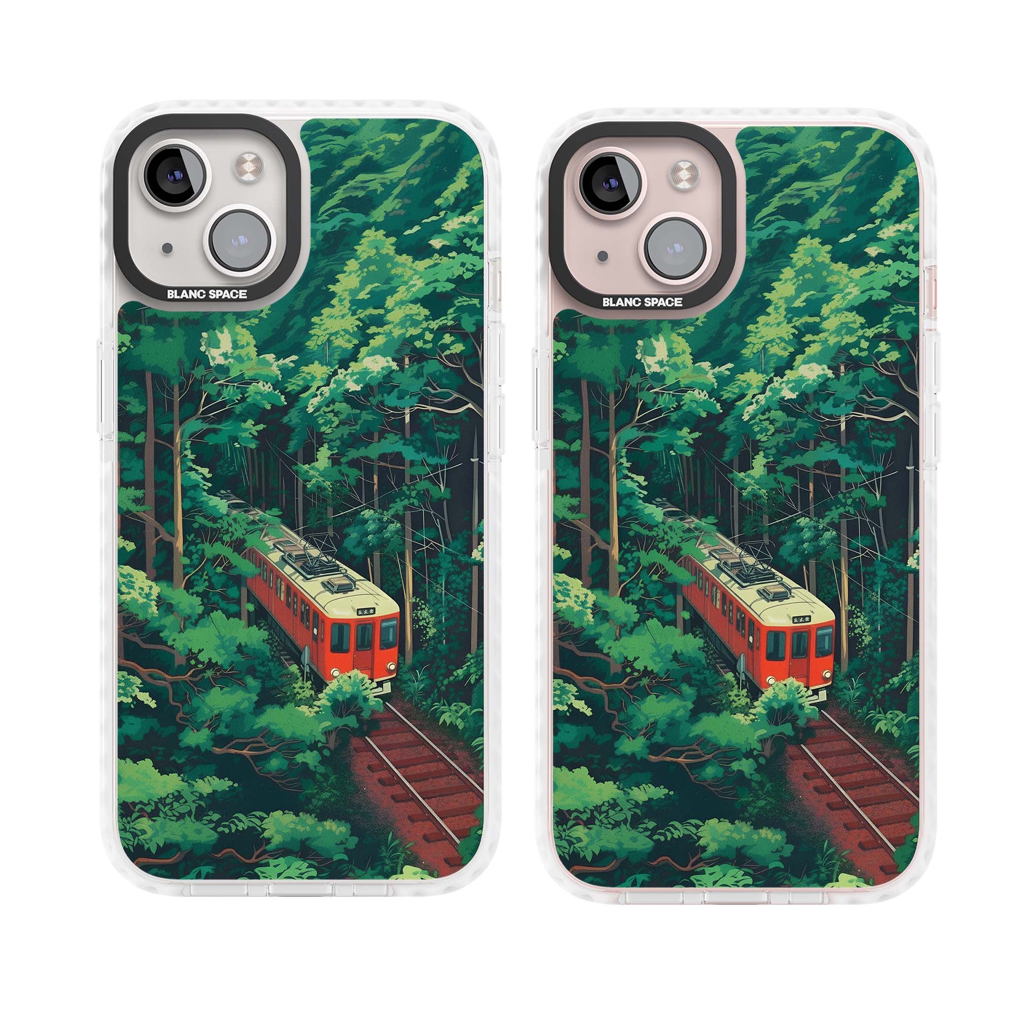 Railway In Toyama Japanese iPhone case featuring a red train, cedar forest and winding mountain railway tracks | Impact Magsafe case for iPhone 13, iPhone 14, iPhone 15