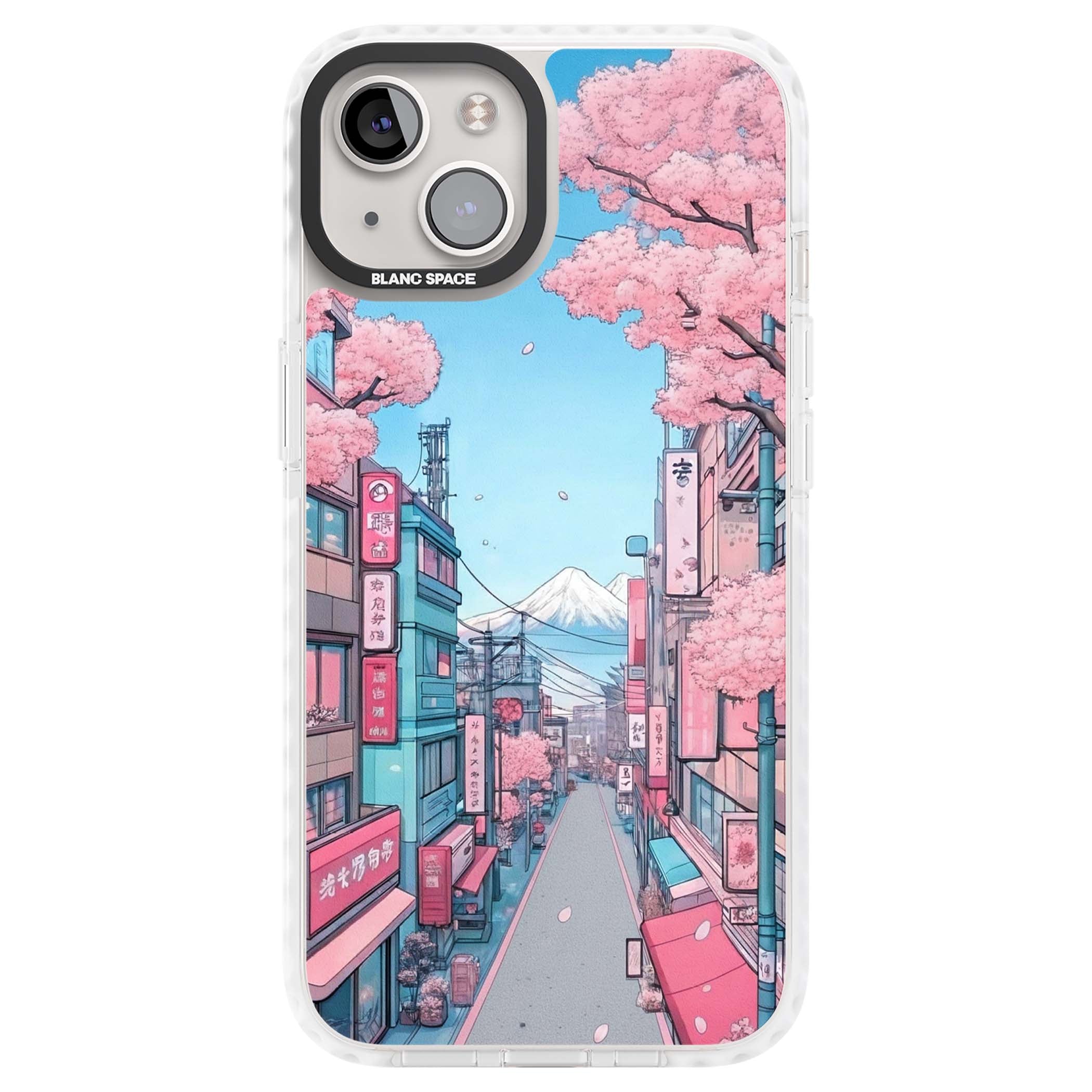 Sakura Lane anime iPhone case featuring Tokyo street scene with cherry blossoms and Mount Fuji | Impact Magsafe case for iPhone 13, iPhone 14, iPhone 15