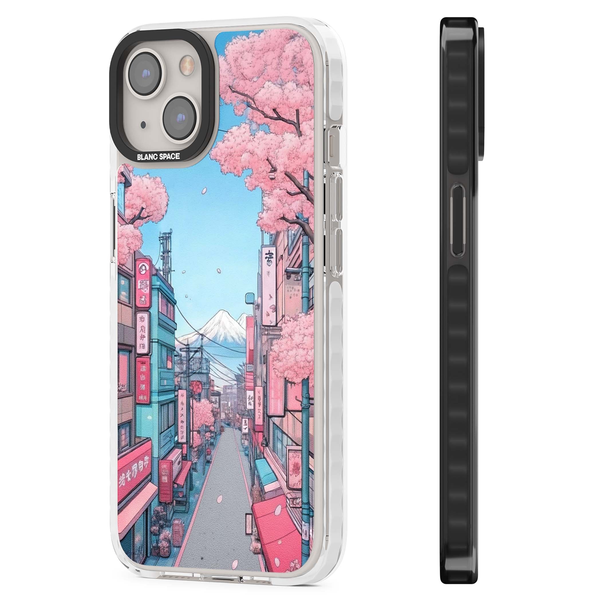 Sakura Lane anime iPhone case featuring Tokyo street scene with cherry blossoms and Mount Fuji | Impact Magsafe case for iPhone 13, iPhone 14, iPhone 15