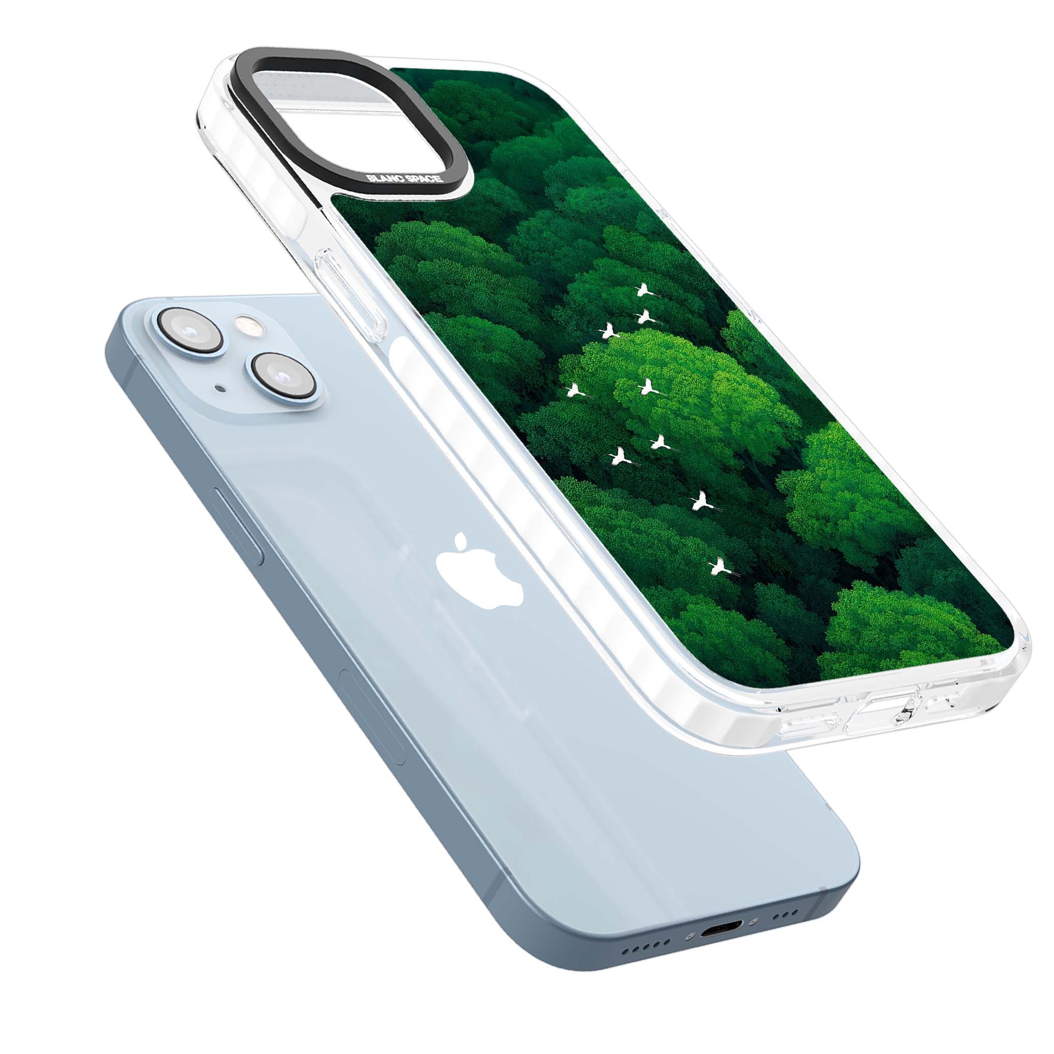 Grove Migration forest iPhone case featuring white cranes flying over lush green treetop canopy | Impact Magsafe case for iPhone 13, iPhone 14, iPhone 15