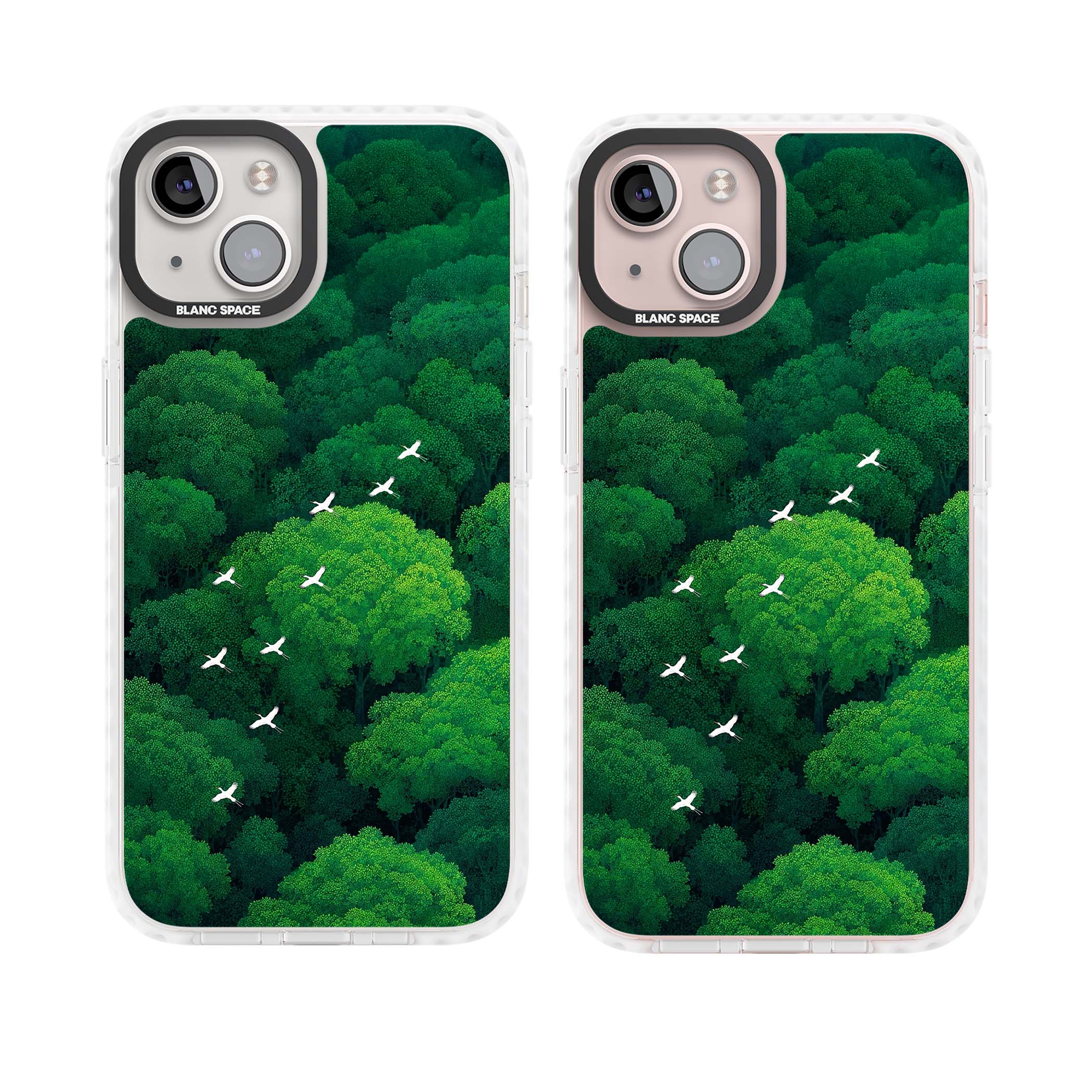 Grove Migration forest iPhone case featuring white cranes flying over lush green treetop canopy | Impact Magsafe case for iPhone 13, iPhone 14, iPhone 15