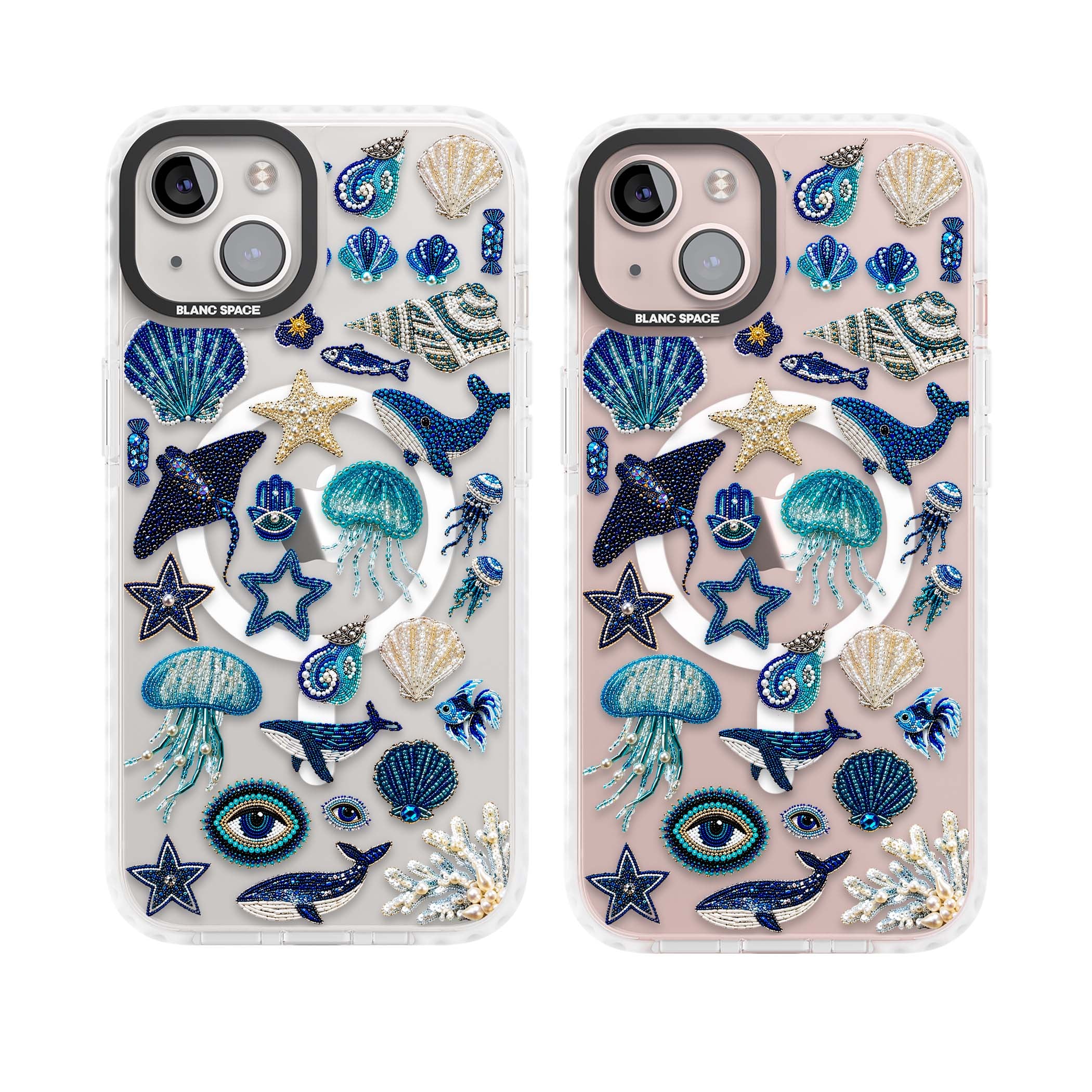 Beaded Coastal coastal iPhone case featuring embroidered seashells, jellyfish and a blue whale on clear | Impact Magsafe case for iPhone 13, iPhone 14, iPhone 15