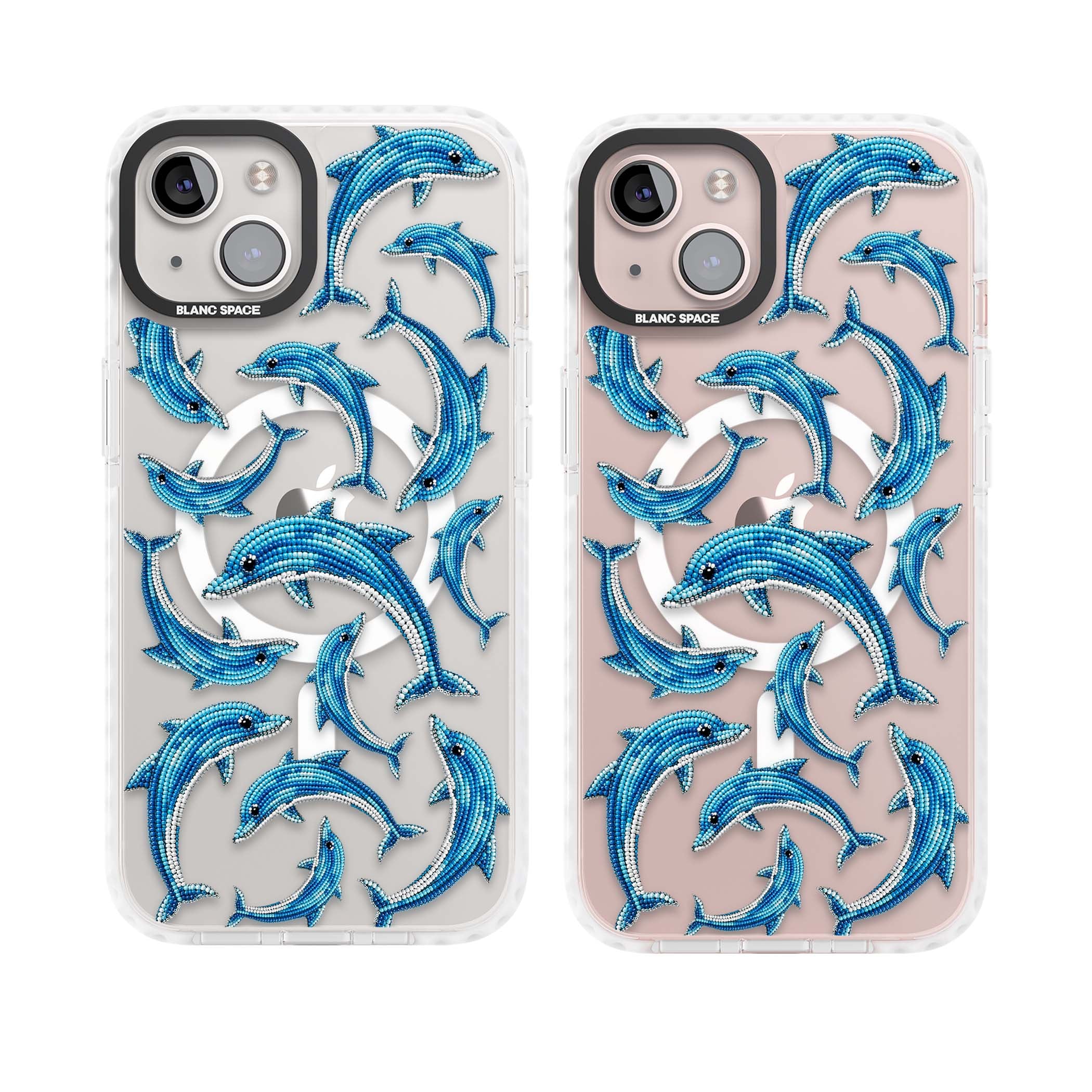 Beaded Dolphins coastal iPhone case featuring beaded dolphins in blue and white swimming across a clear background | Impact Magsafe case for iPhone 13, iPhone 14, iPhone 15