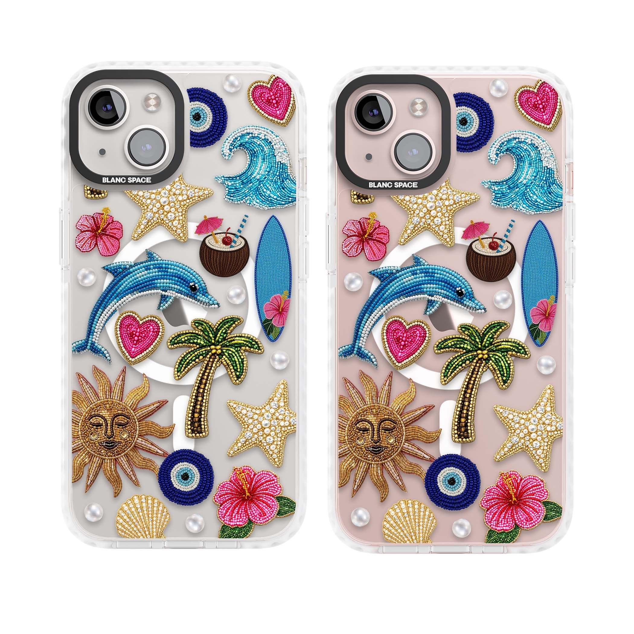 Beaded Beach coastal summer iPhone case featuring embroidered evil eye, hibiscus flowers, dolphin and palm tree patches | Impact Magsafe case for iPhone 13, iPhone 14, iPhone 15