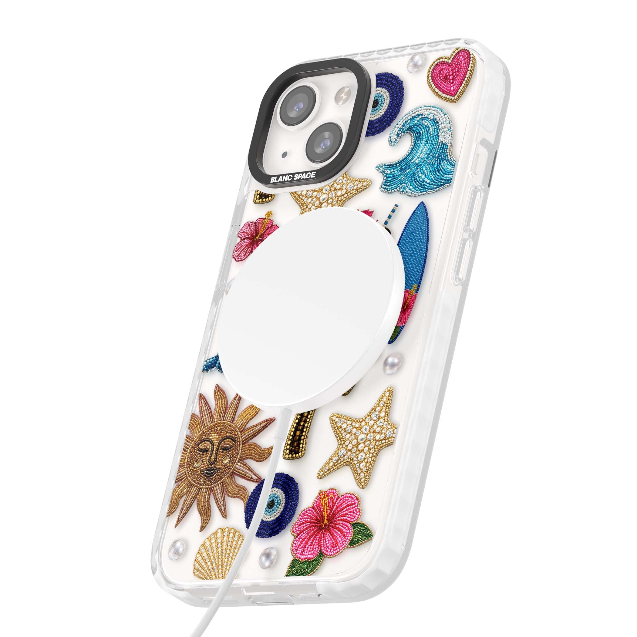 Beaded Beach coastal summer iPhone case featuring embroidered evil eye, hibiscus flowers, dolphin and palm tree patches | Impact Magsafe case for iPhone 13, iPhone 14, iPhone 15