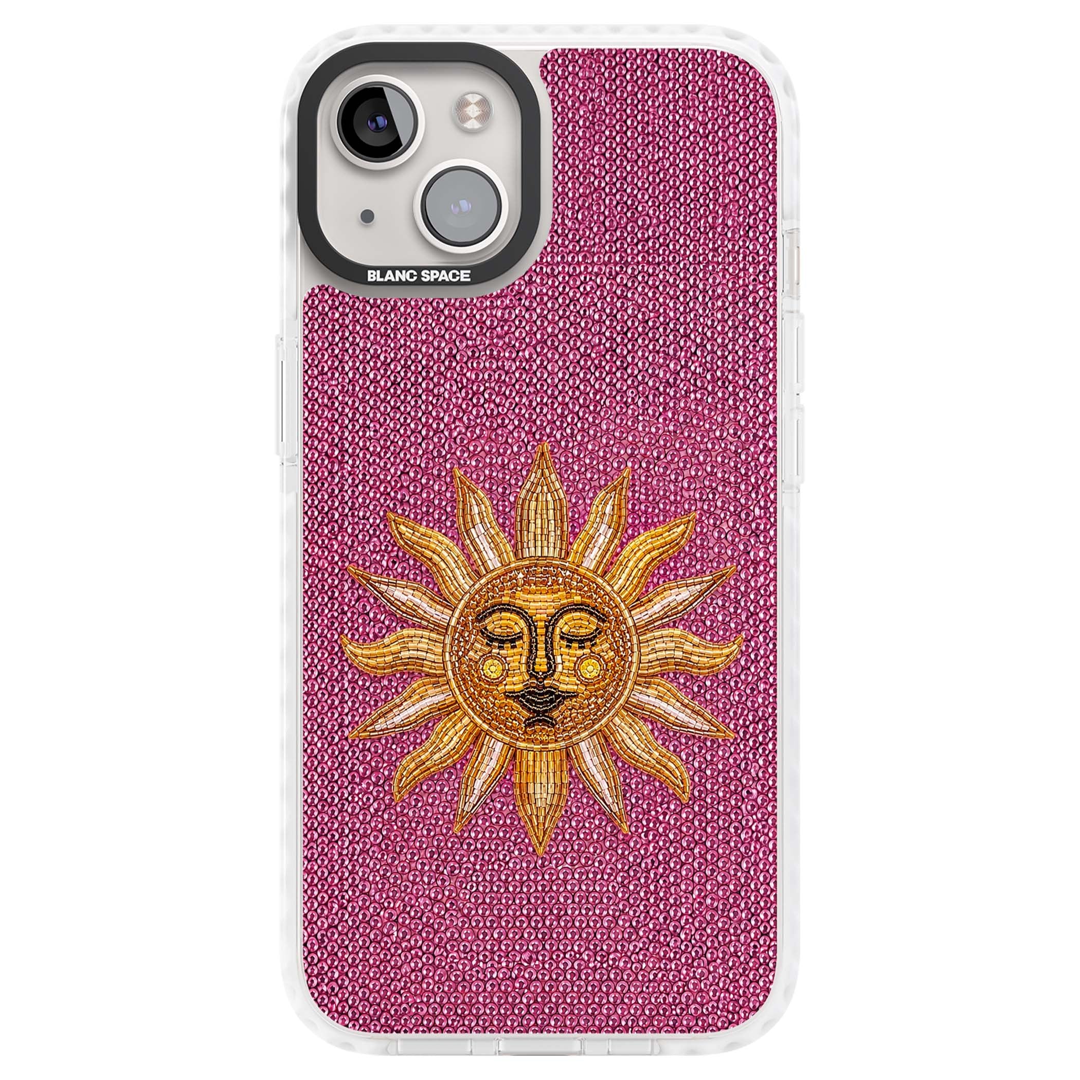 Beaded Sun celestial iPhone case featuring a golden beaded sun face with radiant rays on hot pink beaded background | Impact Magsafe case for iPhone 13, iPhone 14, iPhone 15