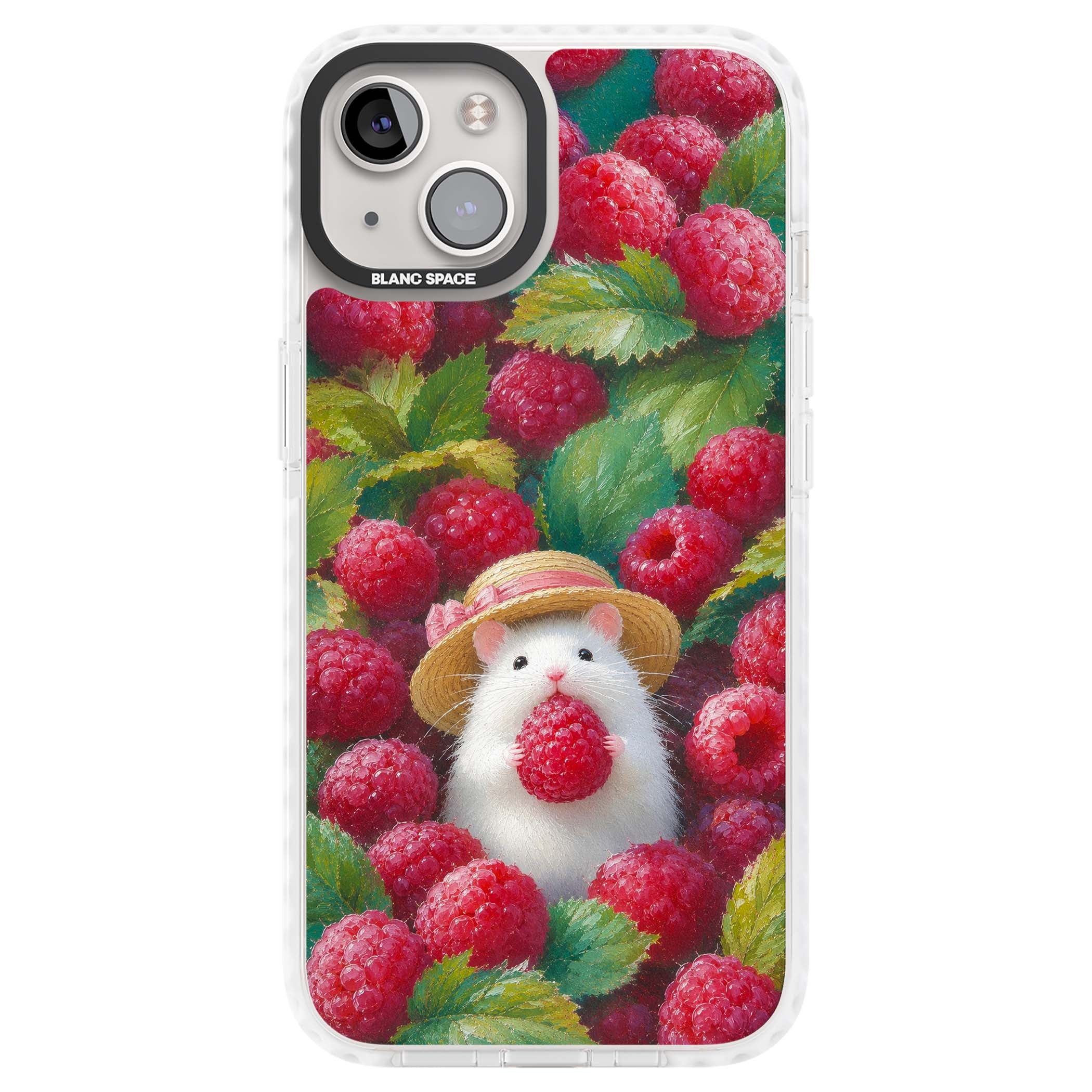 Berry Forager cottagecore iPhone case featuring a white hamster in a straw hat holding a raspberry surrounded by ripe ber | Impact Magsafe case for iPhone 13, iPhone 14, iPhone 15