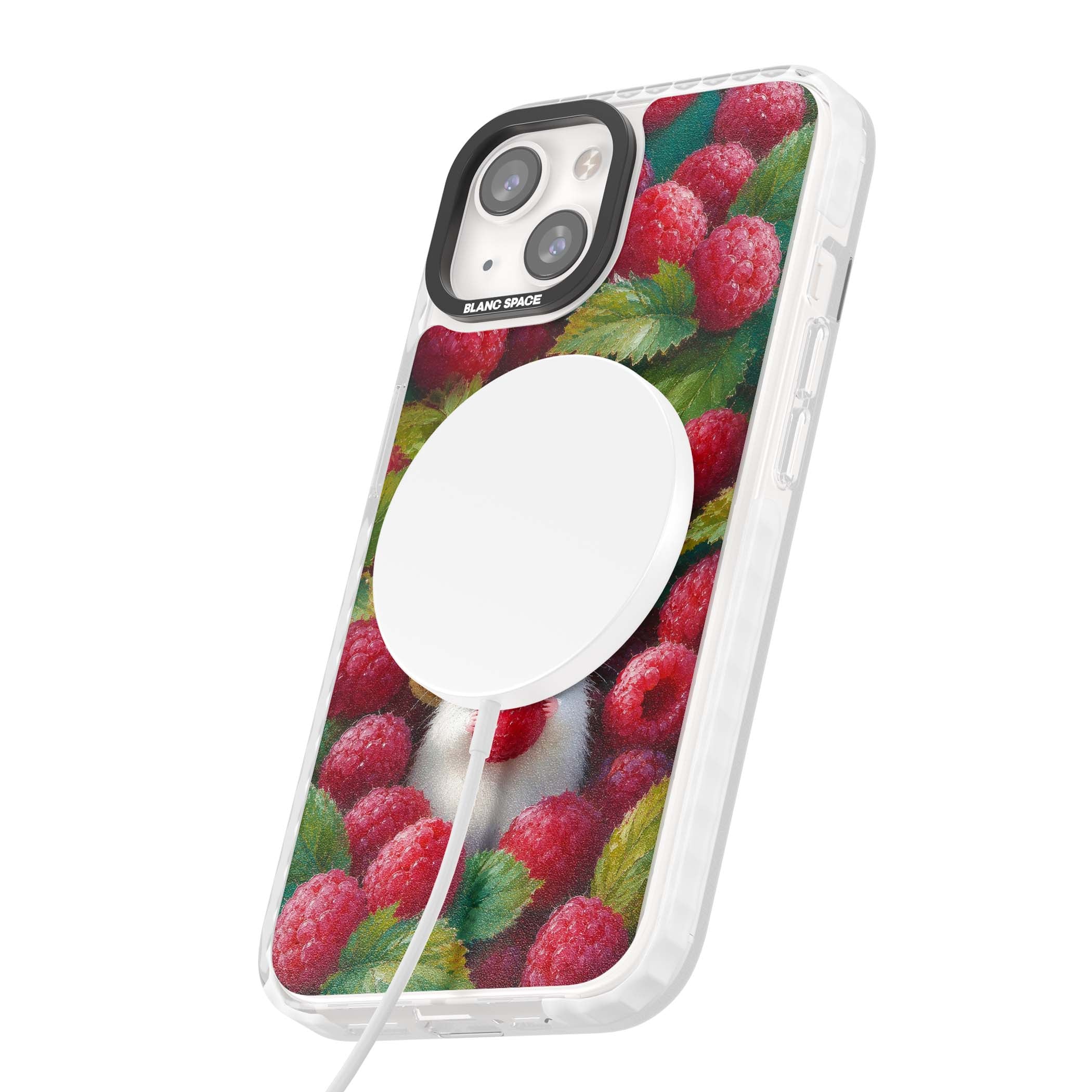 Berry Forager cottagecore iPhone case featuring a white hamster in a straw hat holding a raspberry surrounded by ripe ber | Impact Magsafe case for iPhone 13, iPhone 14, iPhone 15