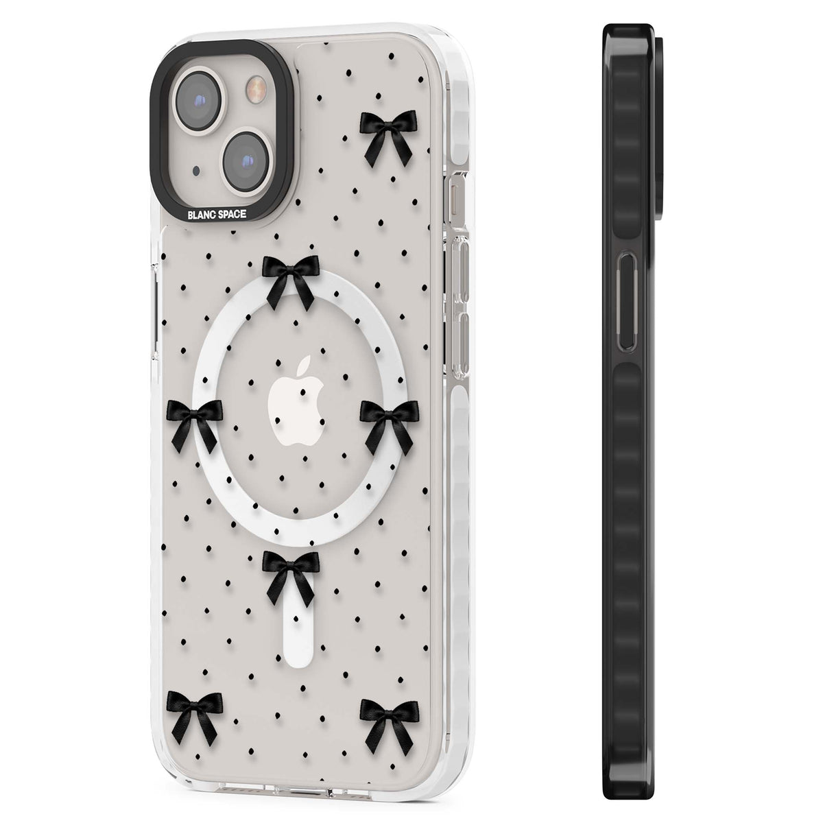 Black Polka Bows coquette iPhone case featuring scattered black satin bows and tiny polka dots on a clear base | Impact Magsafe case for iPhone 13, iPhone 14, iPhone 15