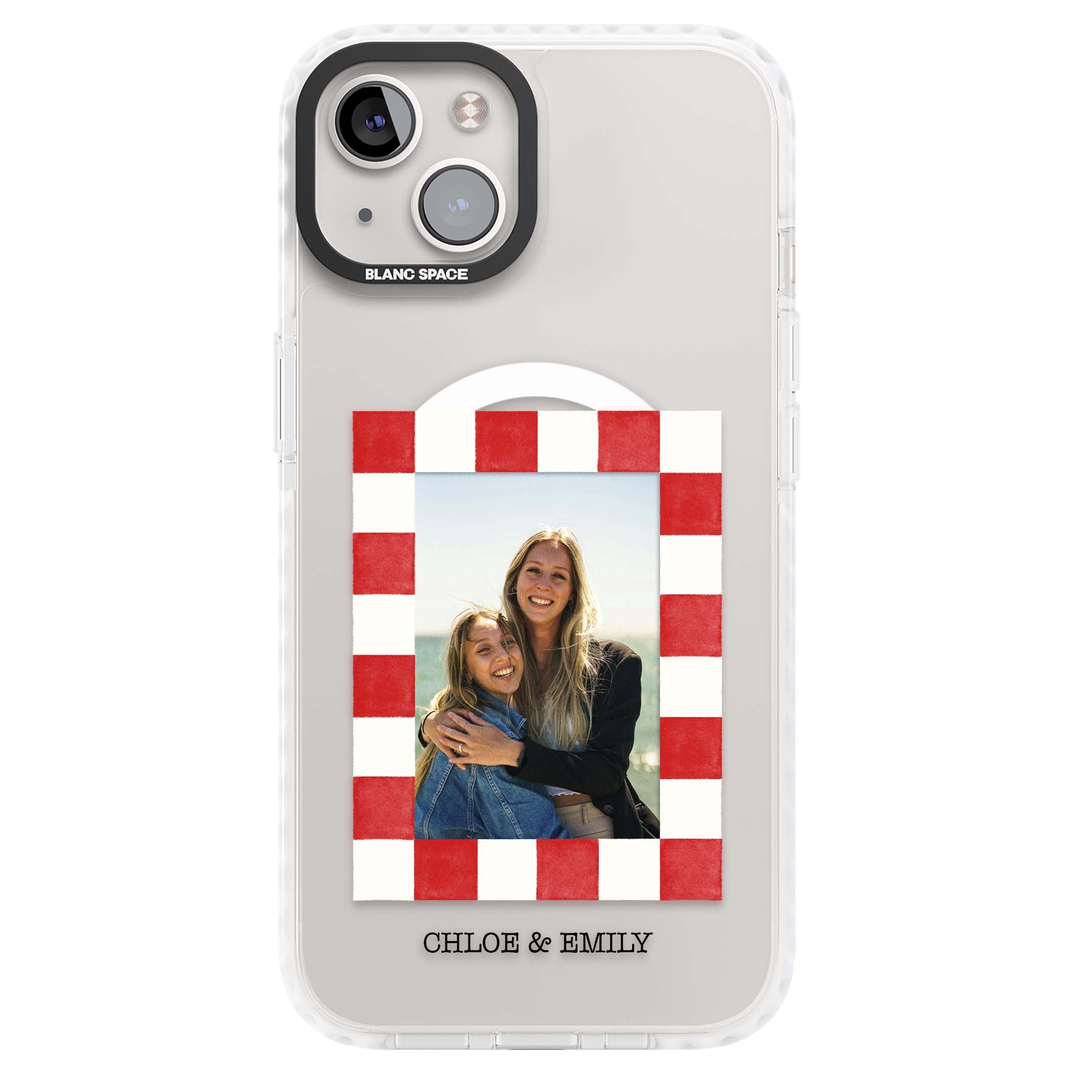 Red Check Photo personalised photo iPhone case with red and white checkered polaroid frame and custom couple name | Impact Magsafe case for iPhone 13, iPhone 14, iPhone 15