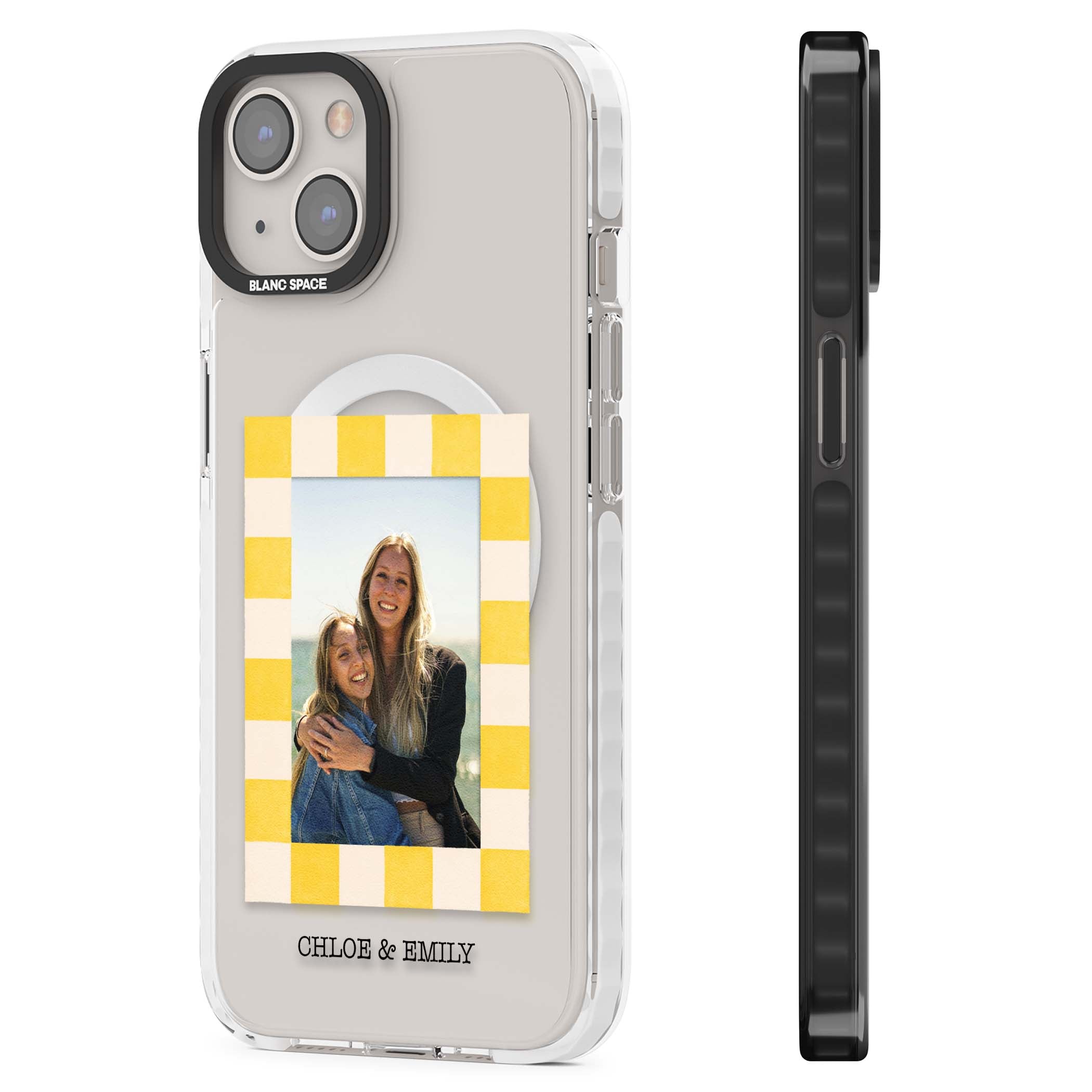 Yellow Check Photo personalised iPhone case with yellow checkered Polaroid frame and custom names beneath | Impact Magsafe case for iPhone 13, iPhone 14, iPhone 15