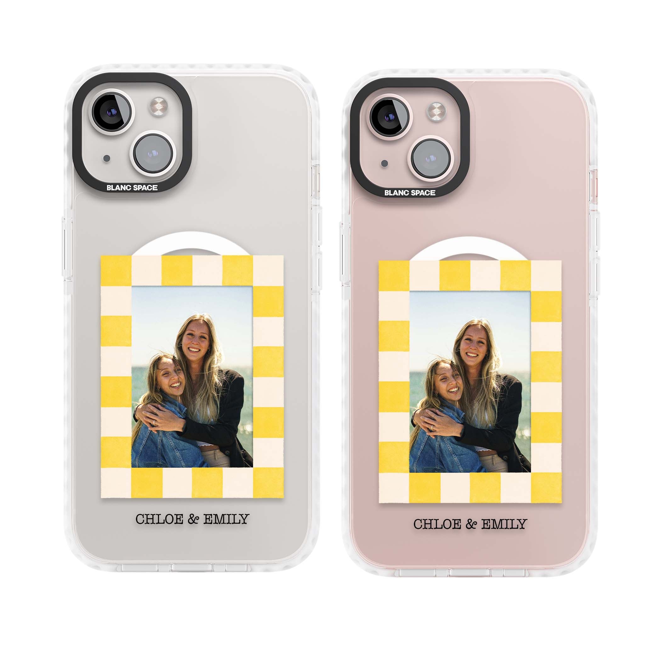 Yellow Check Photo personalised iPhone case with yellow checkered Polaroid frame and custom names beneath | Impact Magsafe case for iPhone 13, iPhone 14, iPhone 15