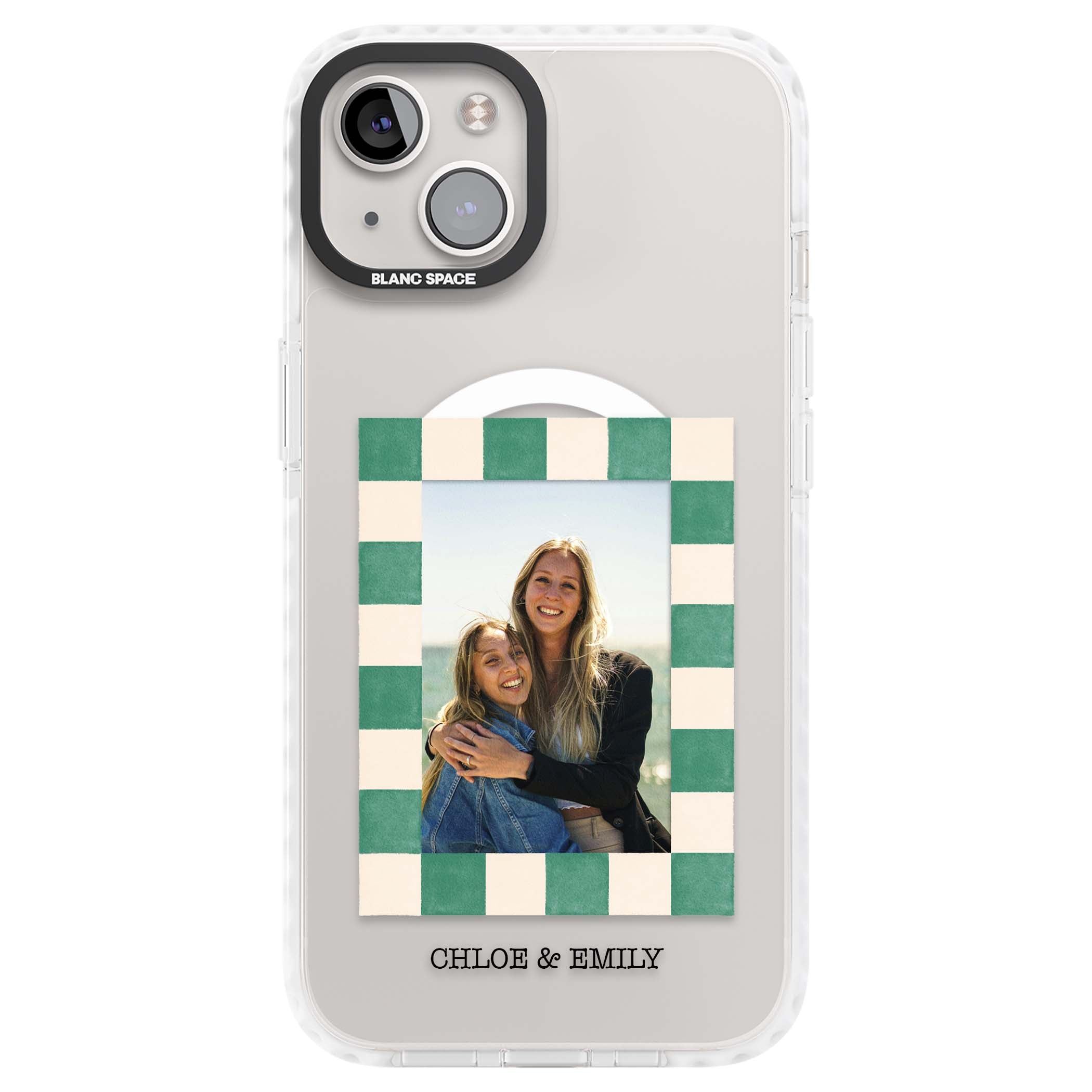 Seafoam Check Photo personalised iPhone case featuring a custom polaroid photo, green and cream checkered frame, and custom n | Impact Magsafe case for iPhone 13, iPhone 14, iPhone 15