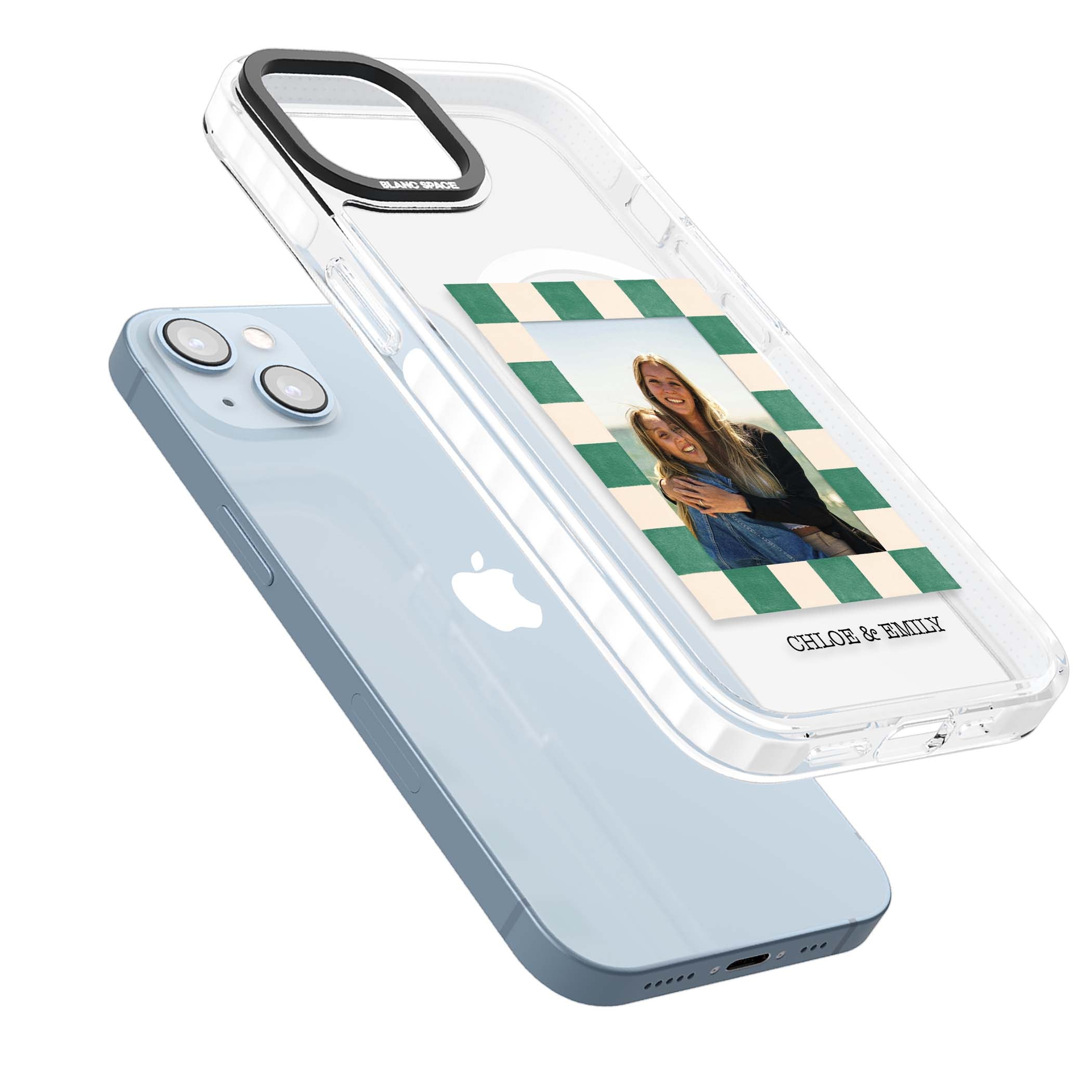 Seafoam Check Photo personalised iPhone case featuring a custom polaroid photo, green and cream checkered frame, and custom n | Impact Magsafe case for iPhone 13, iPhone 14, iPhone 15