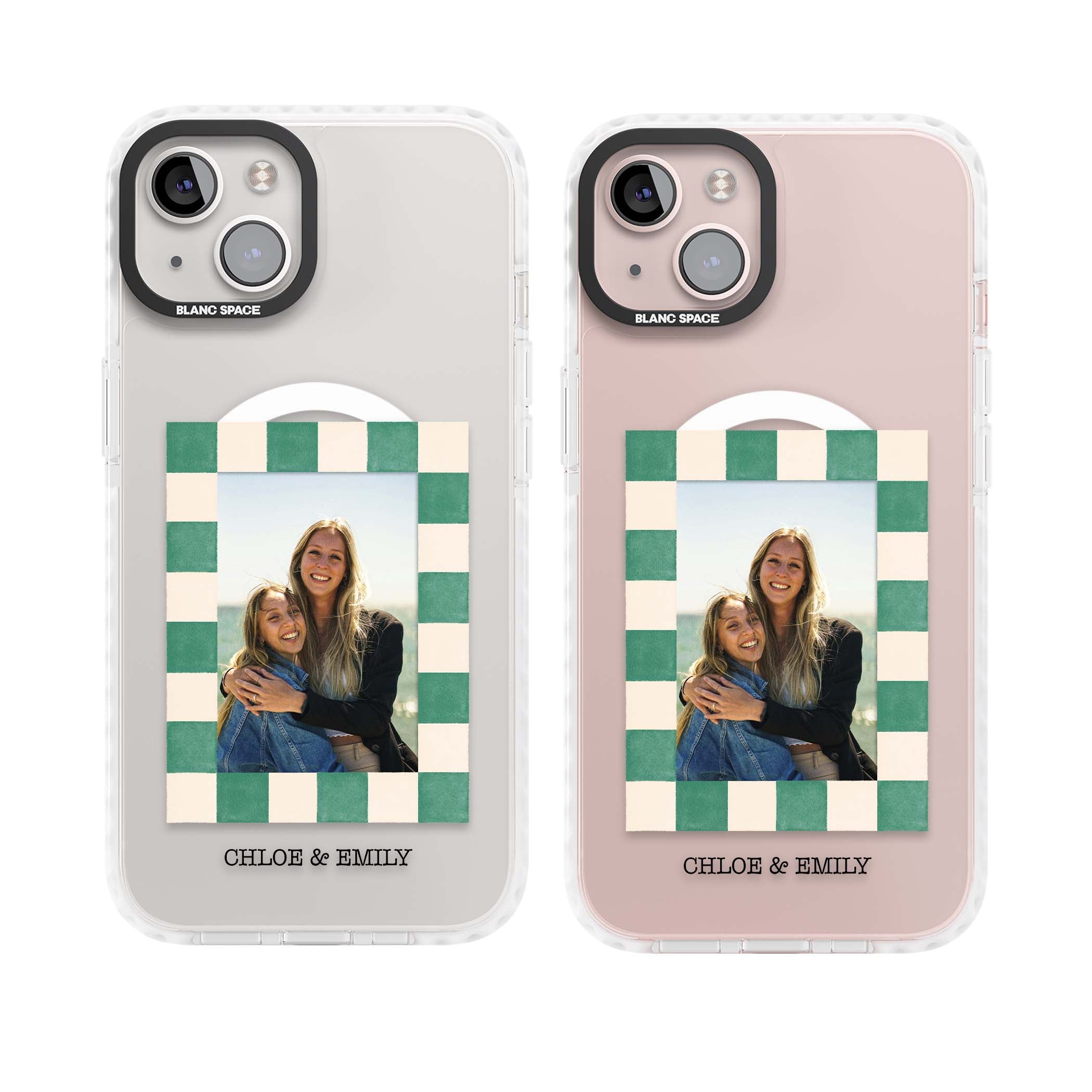 Seafoam Check Photo personalised iPhone case featuring a custom polaroid photo, green and cream checkered frame, and custom n | Impact Magsafe case for iPhone 13, iPhone 14, iPhone 15