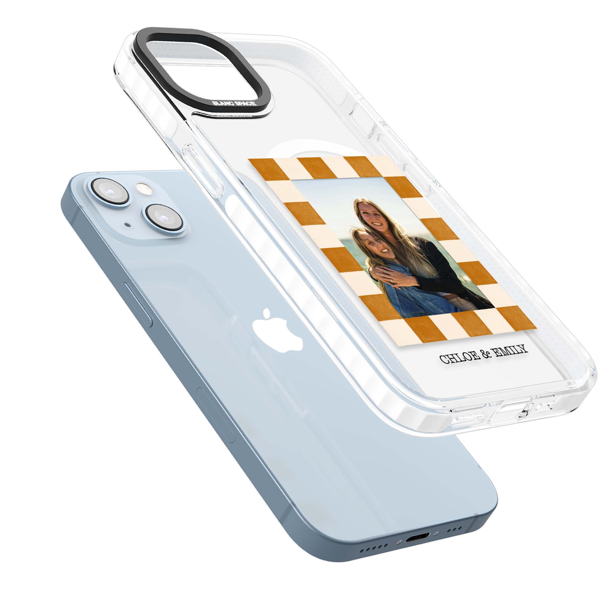 Citrus Check Photo personalised iPhone case with custom photo, orange checkered frame and names underneath | Impact Magsafe case for iPhone 13, iPhone 14, iPhone 15