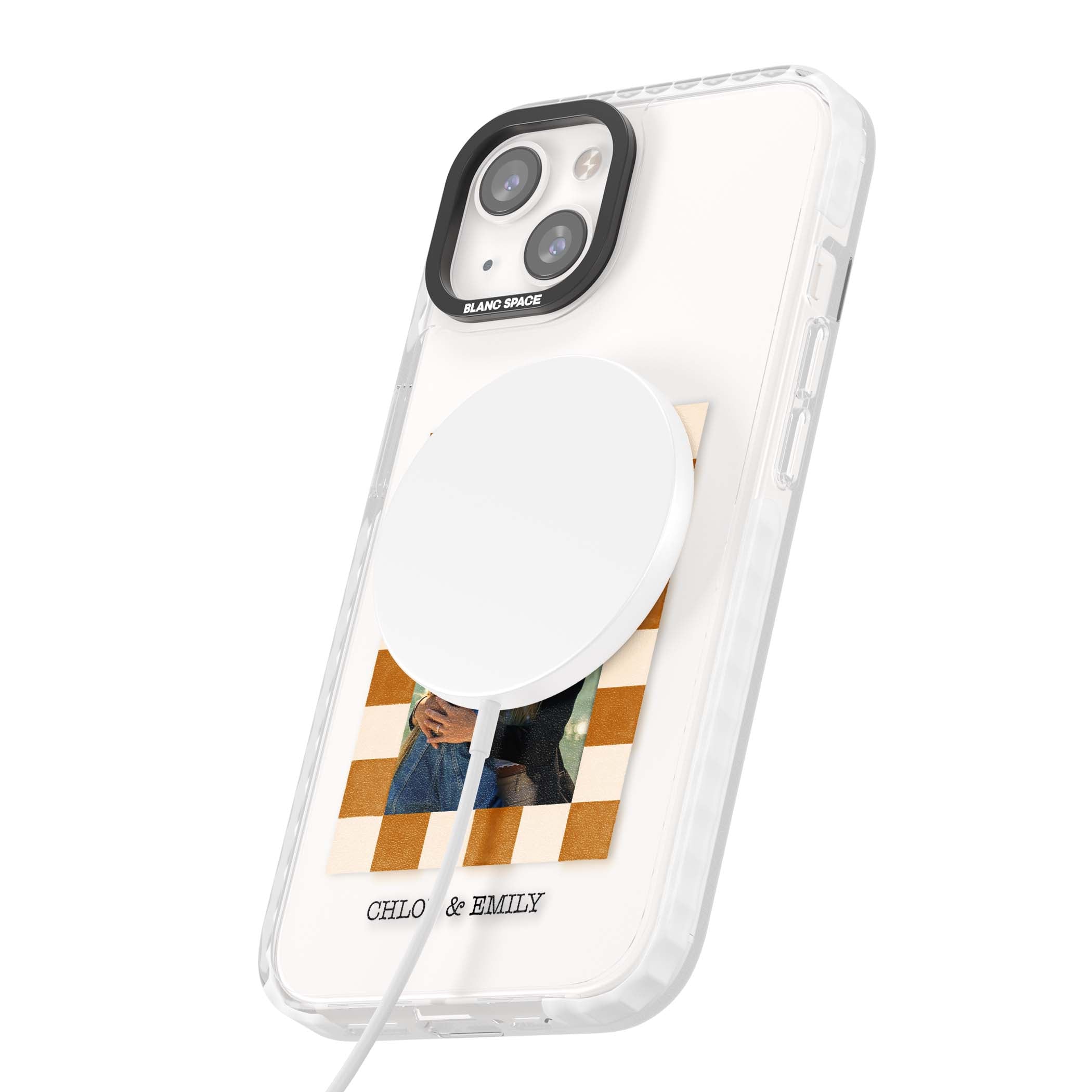 Citrus Check Photo personalised iPhone case with custom photo, orange checkered frame and names underneath | Impact Magsafe case for iPhone 13, iPhone 14, iPhone 15