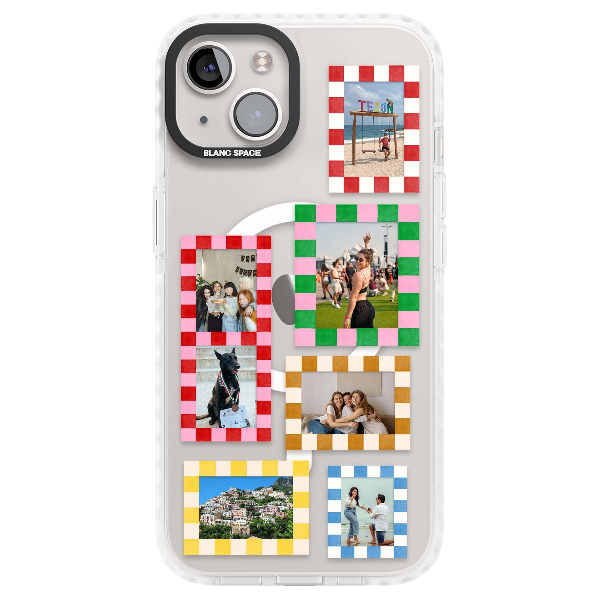 Italian Check Frames custom photo collage iPhone case featuring six checkered photo frames in red, green, pink and | Impact Magsafe case for iPhone 13, iPhone 14, iPhone 15