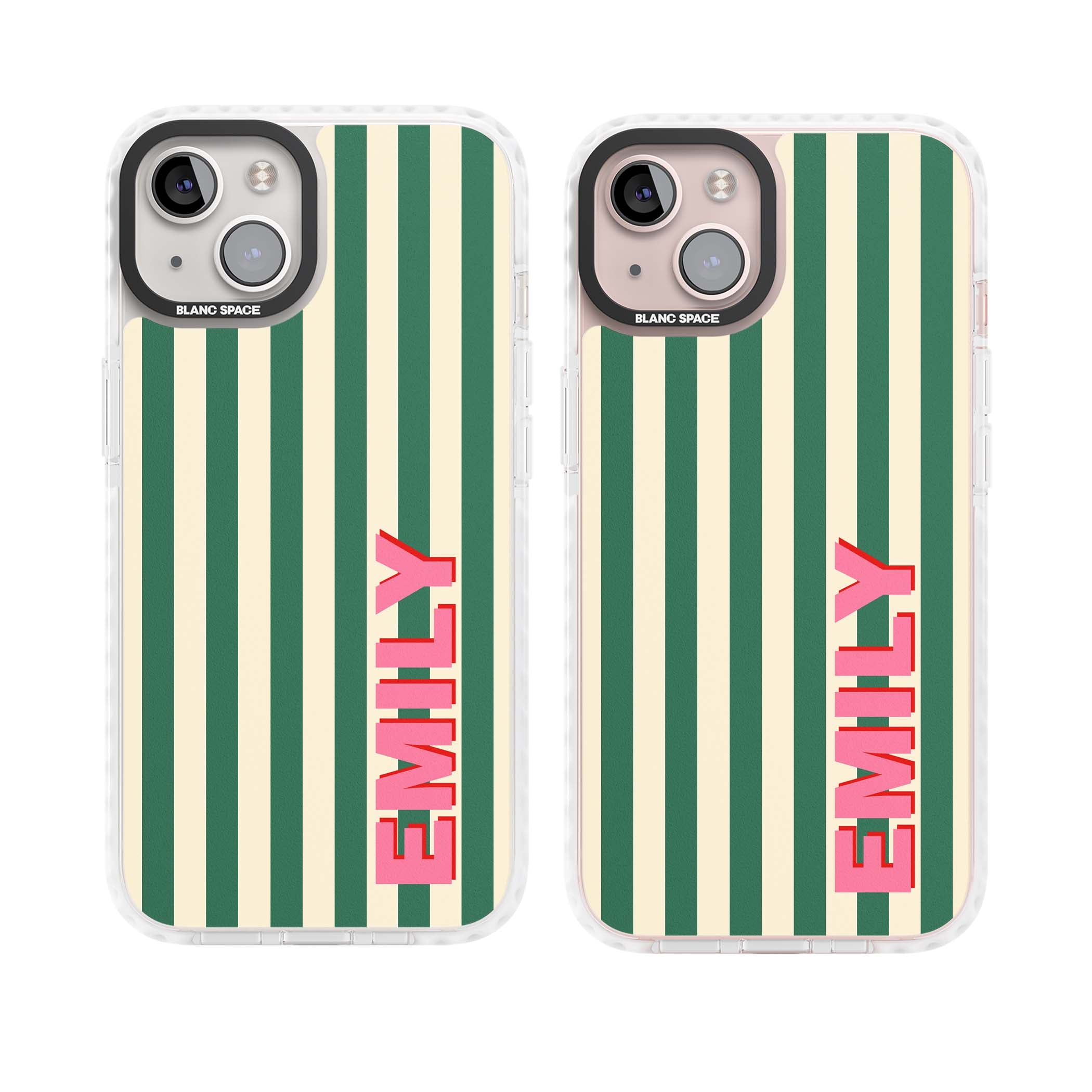 Wimbledon Stripe preppy iPhone case featuring green and cream vertical stripes with a personalised pink name | Impact Magsafe case for iPhone 13, iPhone 14, iPhone 15