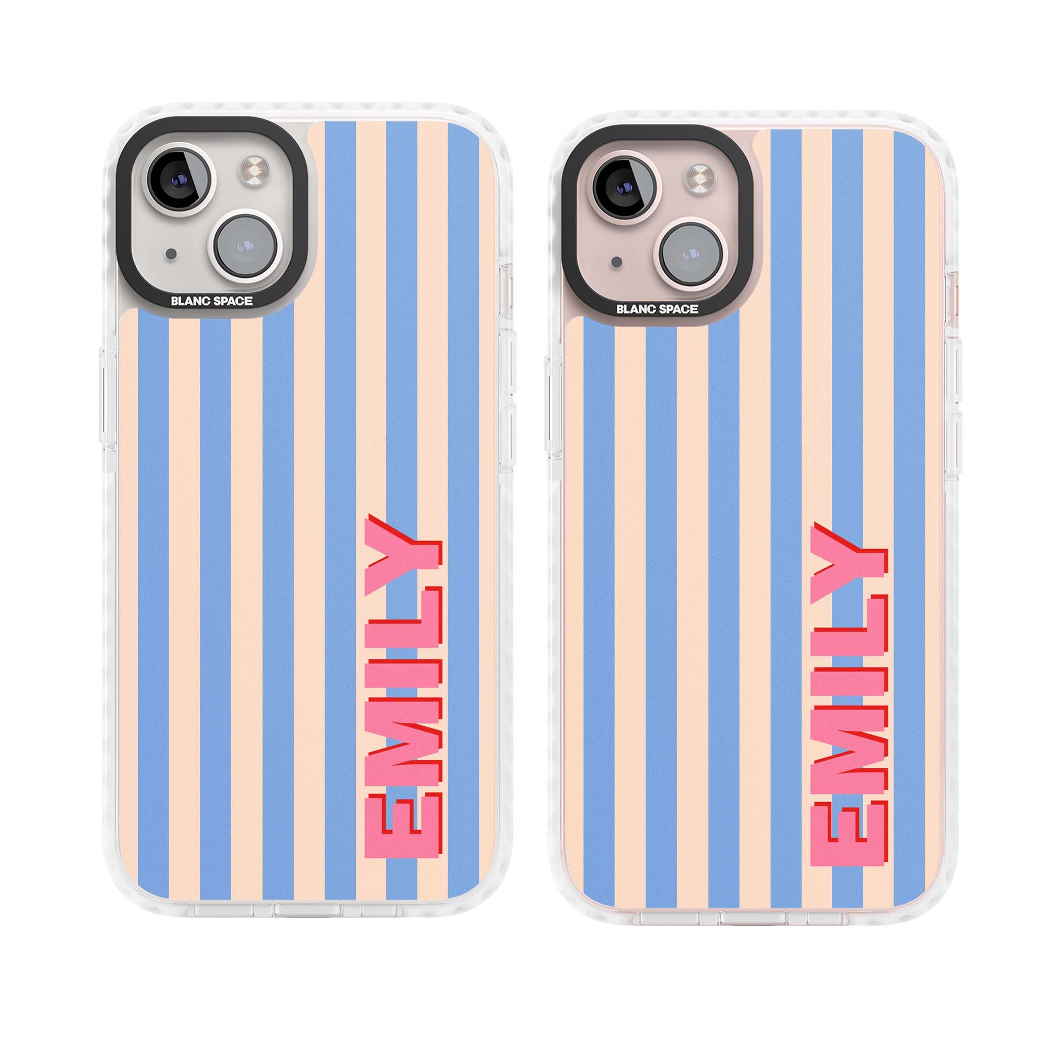 Coastal Stripe personalised coastal iPhone case with blue and peach vertical stripes and custom pink name | Impact Magsafe case for iPhone 13, iPhone 14, iPhone 15