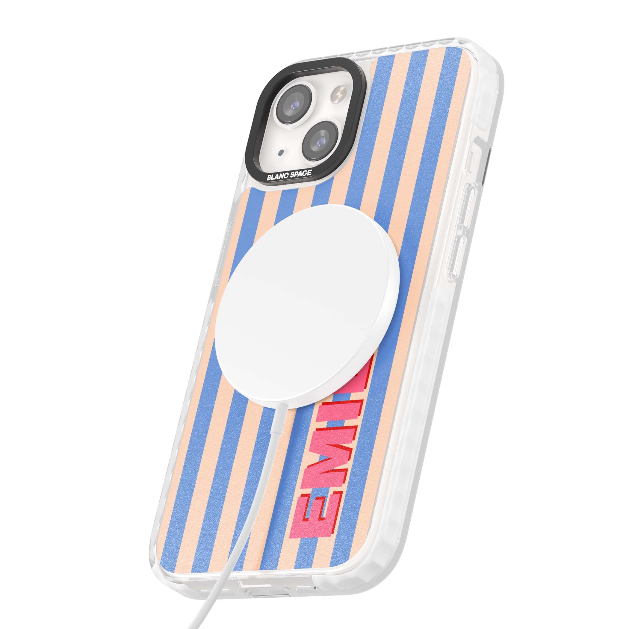Coastal Stripe personalised coastal iPhone case with blue and peach vertical stripes and custom pink name | Impact Magsafe case for iPhone 13, iPhone 14, iPhone 15