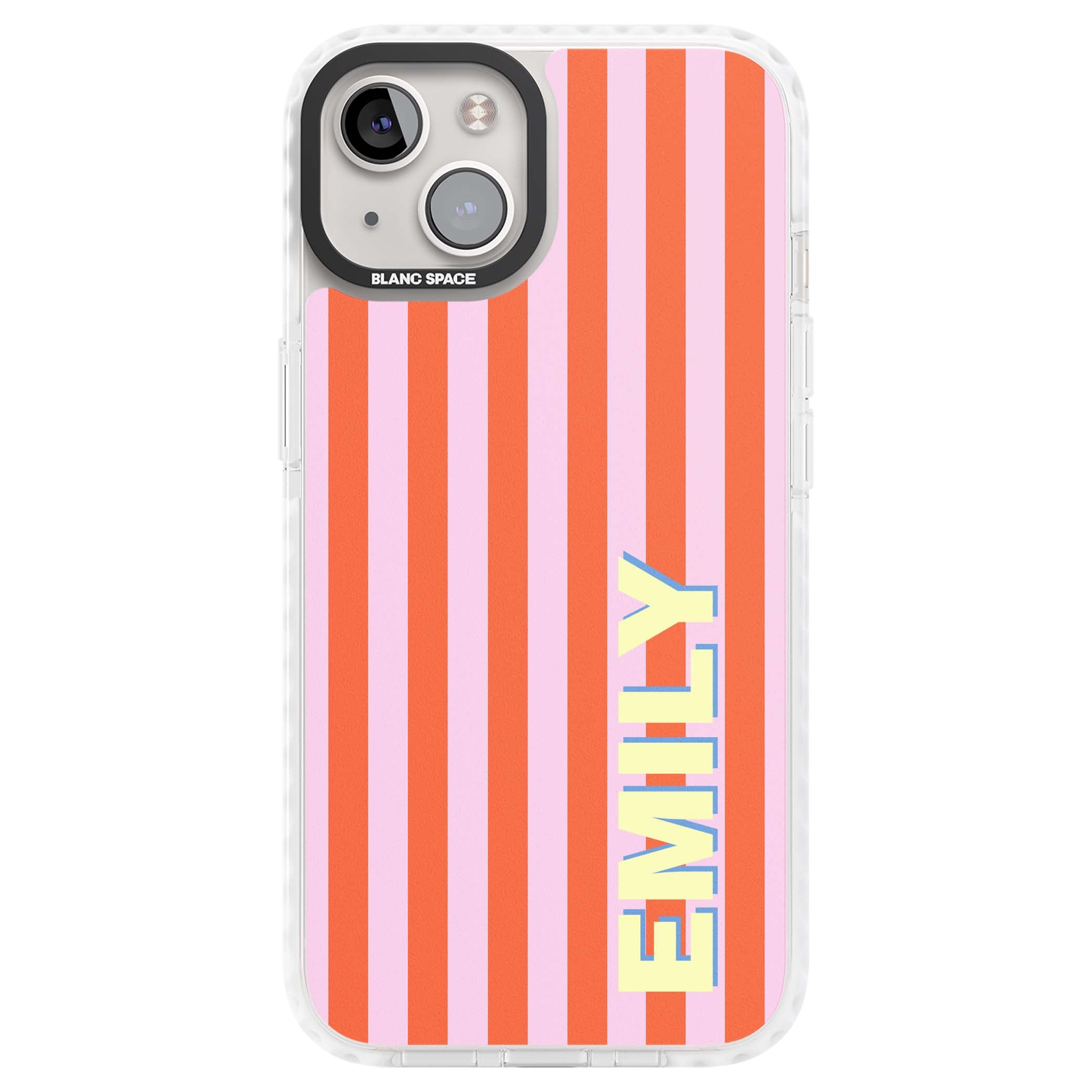 Havana Stripe personalised iPhone case featuring pink and orange vertical stripes with a custom yellow name | Impact Magsafe case for iPhone 13, iPhone 14, iPhone 15
