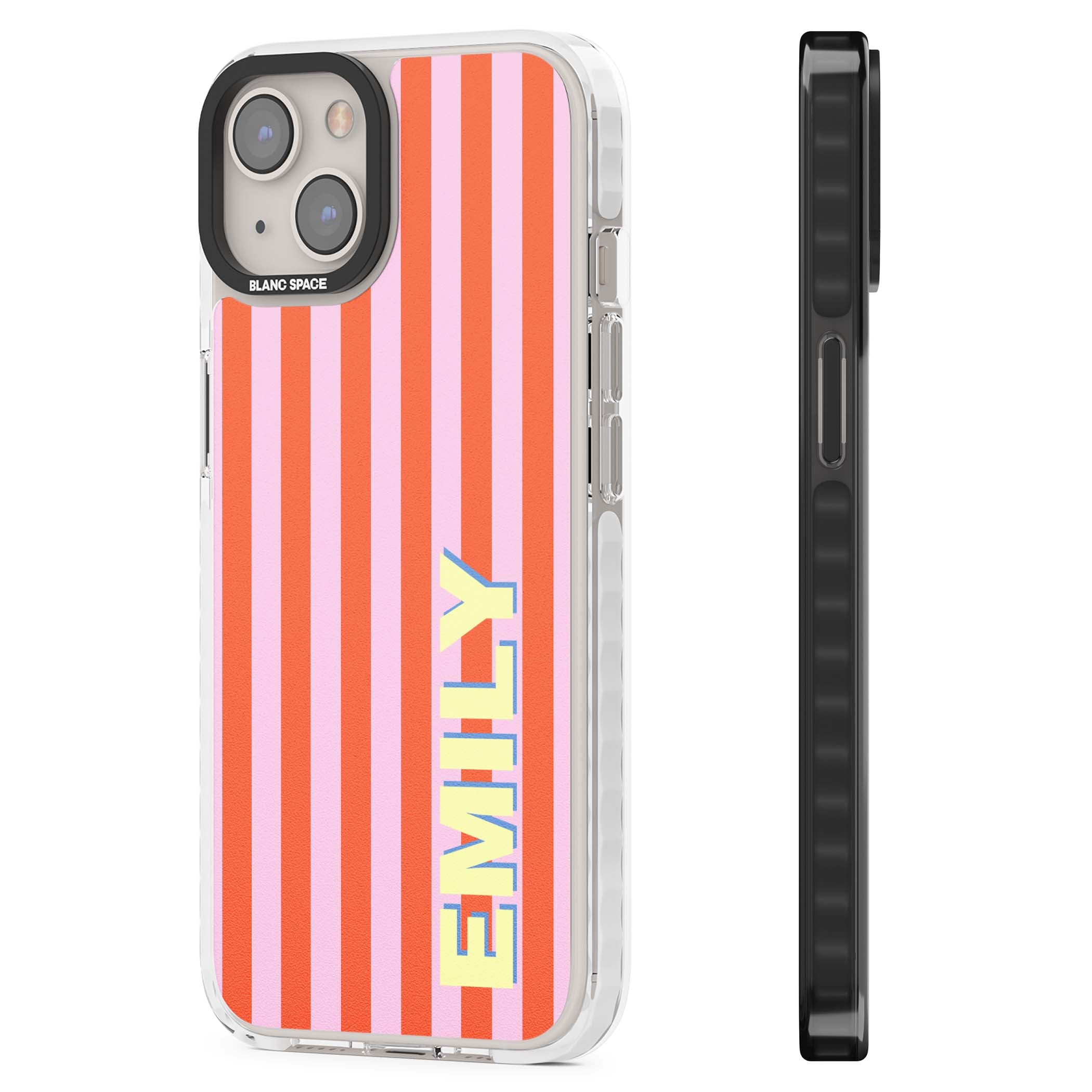 Havana Stripe personalised iPhone case featuring pink and orange vertical stripes with a custom yellow name | Impact Magsafe case for iPhone 13, iPhone 14, iPhone 15
