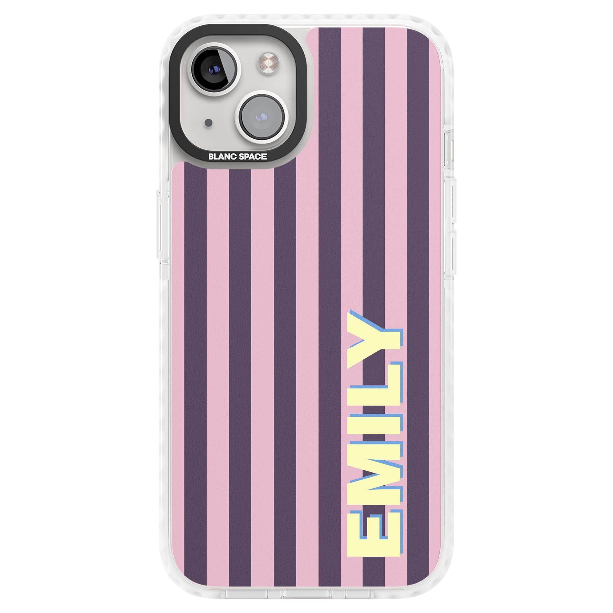 Tyre Stripe personalised stripe iPhone case with plum and pink vertical stripes and custom yellow name | Impact Magsafe case for iPhone 13, iPhone 14, iPhone 15