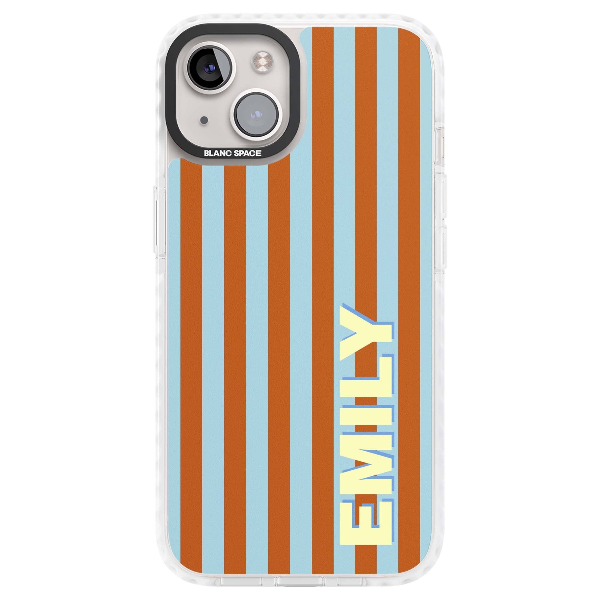 Cappadocia Stripe personalised coastal iPhone case featuring blue and orange vertical stripes with custom cream name | Impact Magsafe case for iPhone 13, iPhone 14, iPhone 15
