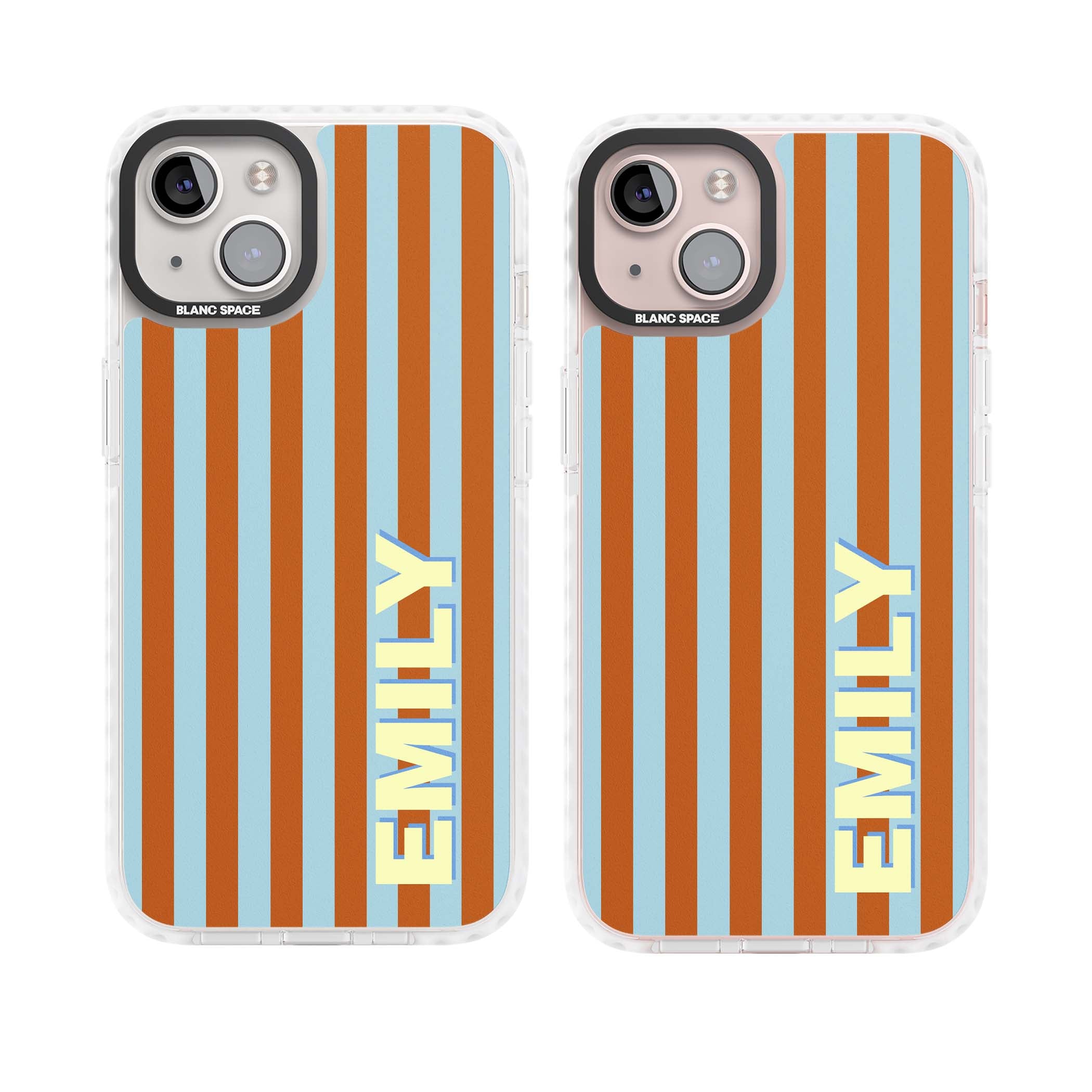 Cappadocia Stripe personalised coastal iPhone case featuring blue and orange vertical stripes with custom cream name | Impact Magsafe case for iPhone 13, iPhone 14, iPhone 15