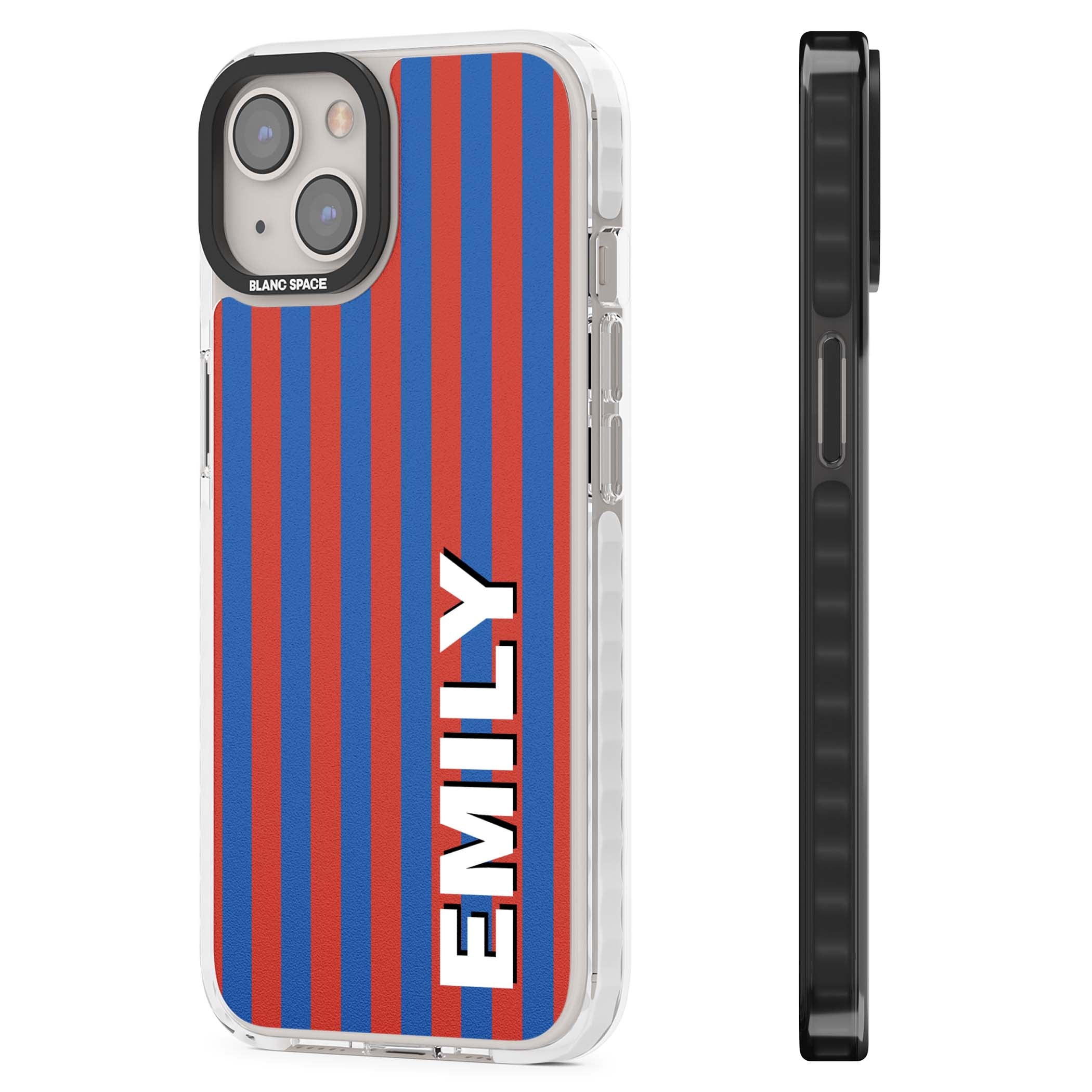 Cuban Stripe personalised iPhone case featuring red and blue vertical stripes with custom name in bold white letters | Impact Magsafe case for iPhone 13, iPhone 14, iPhone 15