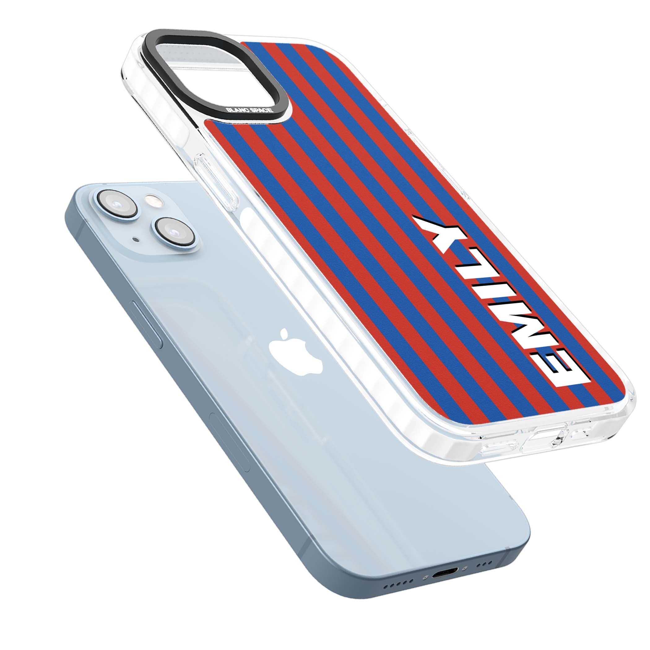 Cuban Stripe personalised iPhone case featuring red and blue vertical stripes with custom name in bold white letters | Impact Magsafe case for iPhone 13, iPhone 14, iPhone 15