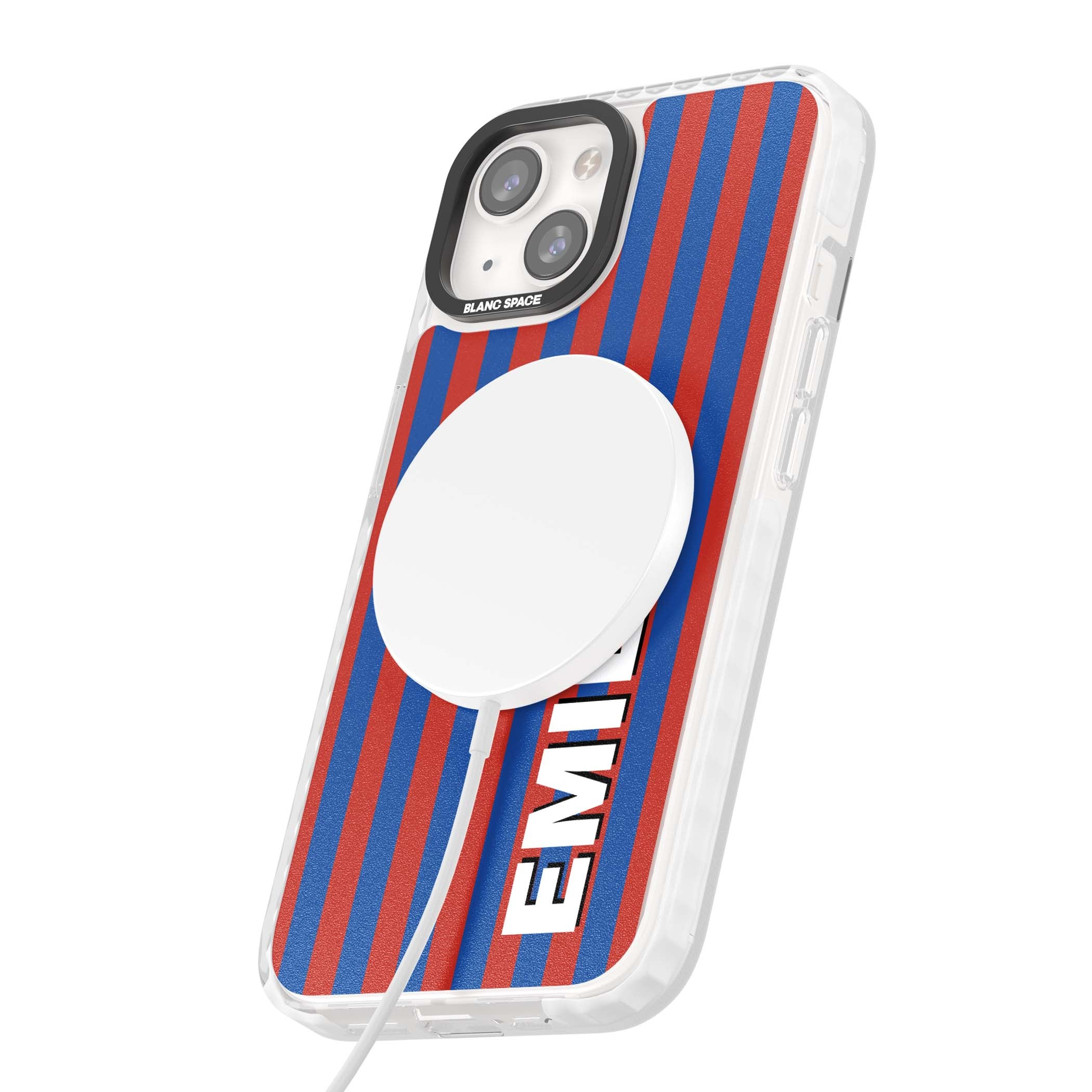 Cuban Stripe personalised iPhone case featuring red and blue vertical stripes with custom name in bold white letters | Impact Magsafe case for iPhone 13, iPhone 14, iPhone 15