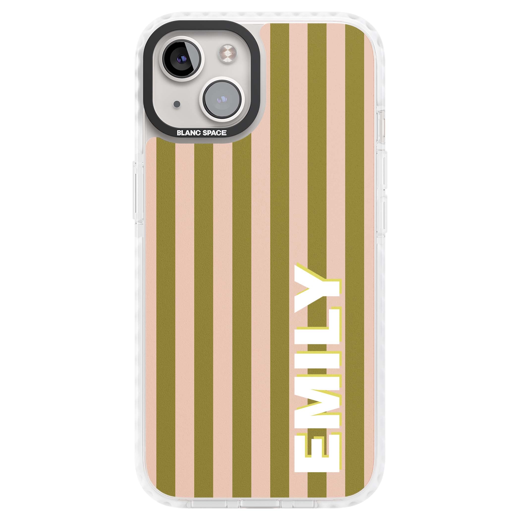 Indian Stripe personalised iPhone case featuring olive green and blush pink vertical stripes with custom name in whit | Impact Magsafe case for iPhone 13, iPhone 14, iPhone 15
