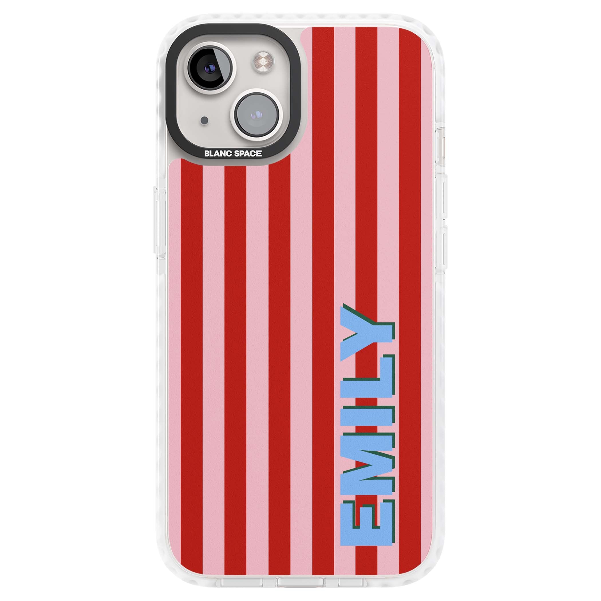 Market Stripe personalised iPhone case with red and pink vertical stripes and custom blue name | Impact Magsafe case for iPhone 13, iPhone 14, iPhone 15