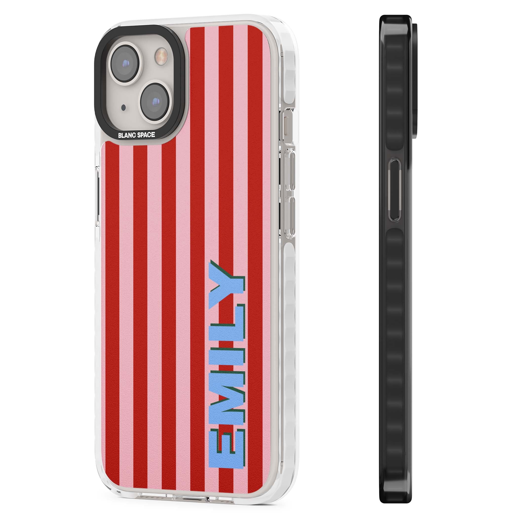 Market Stripe personalised iPhone case with red and pink vertical stripes and custom blue name | Impact Magsafe case for iPhone 13, iPhone 14, iPhone 15