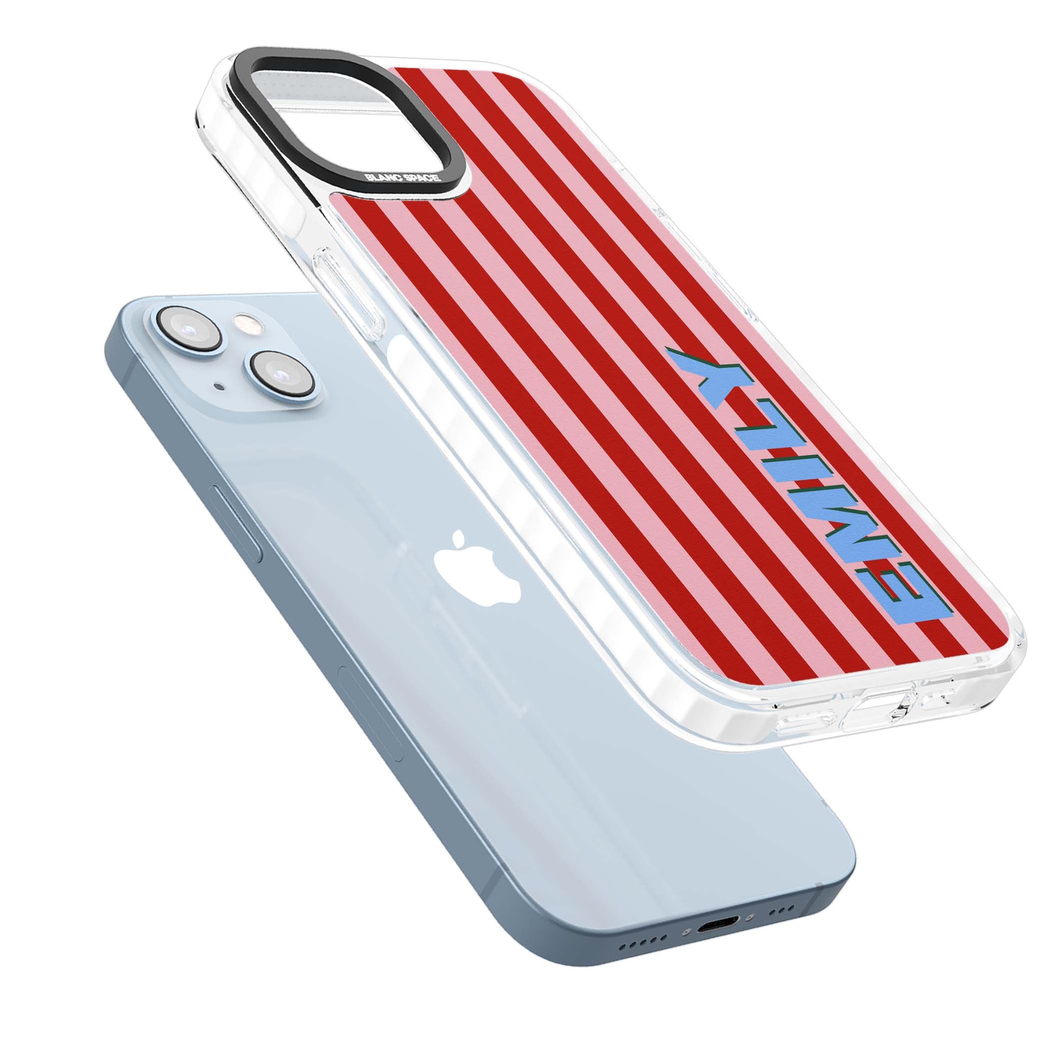 Market Stripe personalised iPhone case with red and pink vertical stripes and custom blue name | Impact Magsafe case for iPhone 13, iPhone 14, iPhone 15