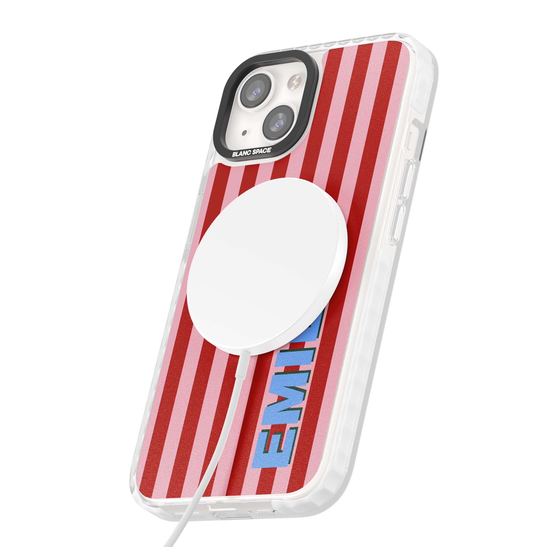 Market Stripe personalised iPhone case with red and pink vertical stripes and custom blue name | Impact Magsafe case for iPhone 13, iPhone 14, iPhone 15