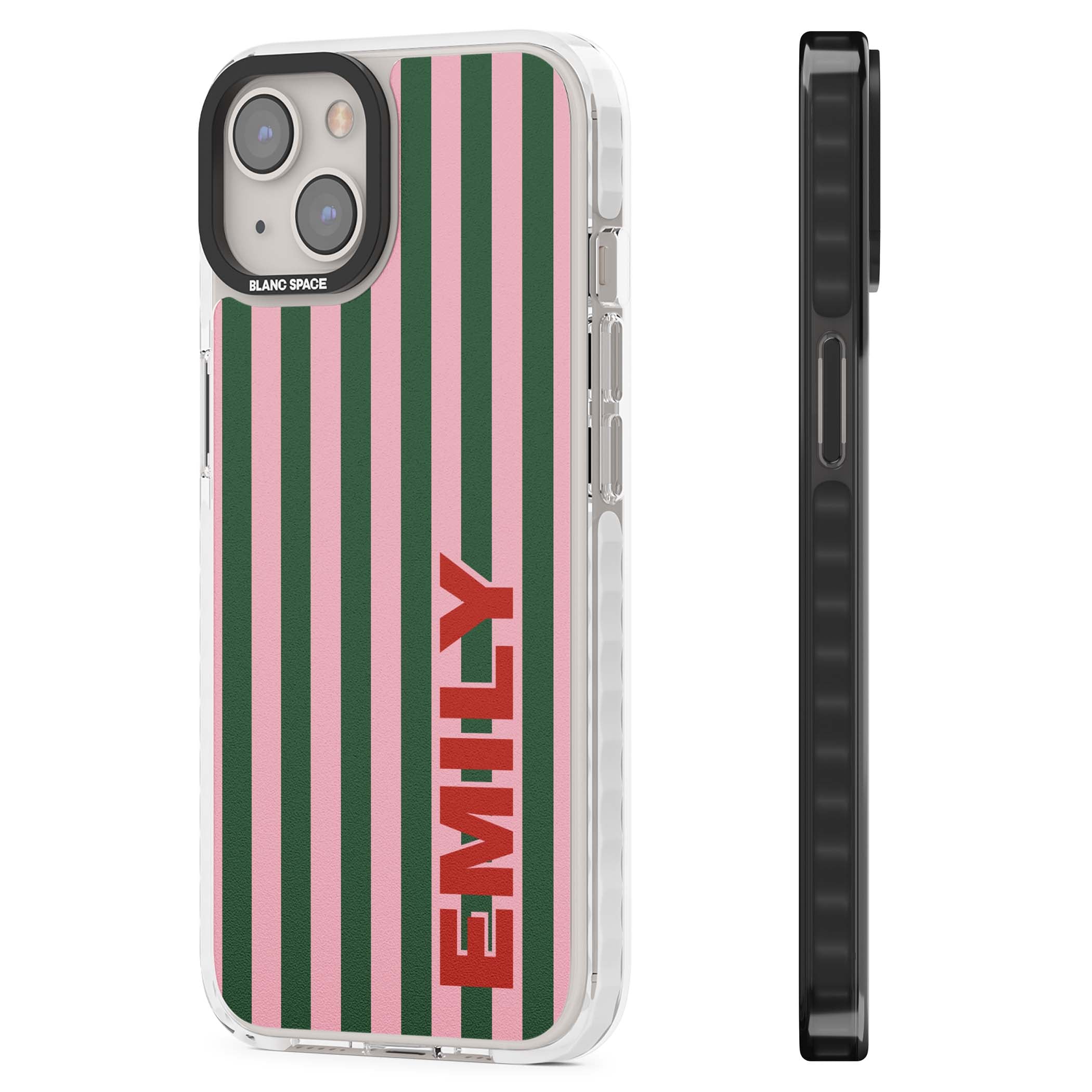 Italian Stripe preppy iPhone case featuring pink and green vertical stripes with personalised red name | Impact Magsafe case for iPhone 13, iPhone 14, iPhone 15