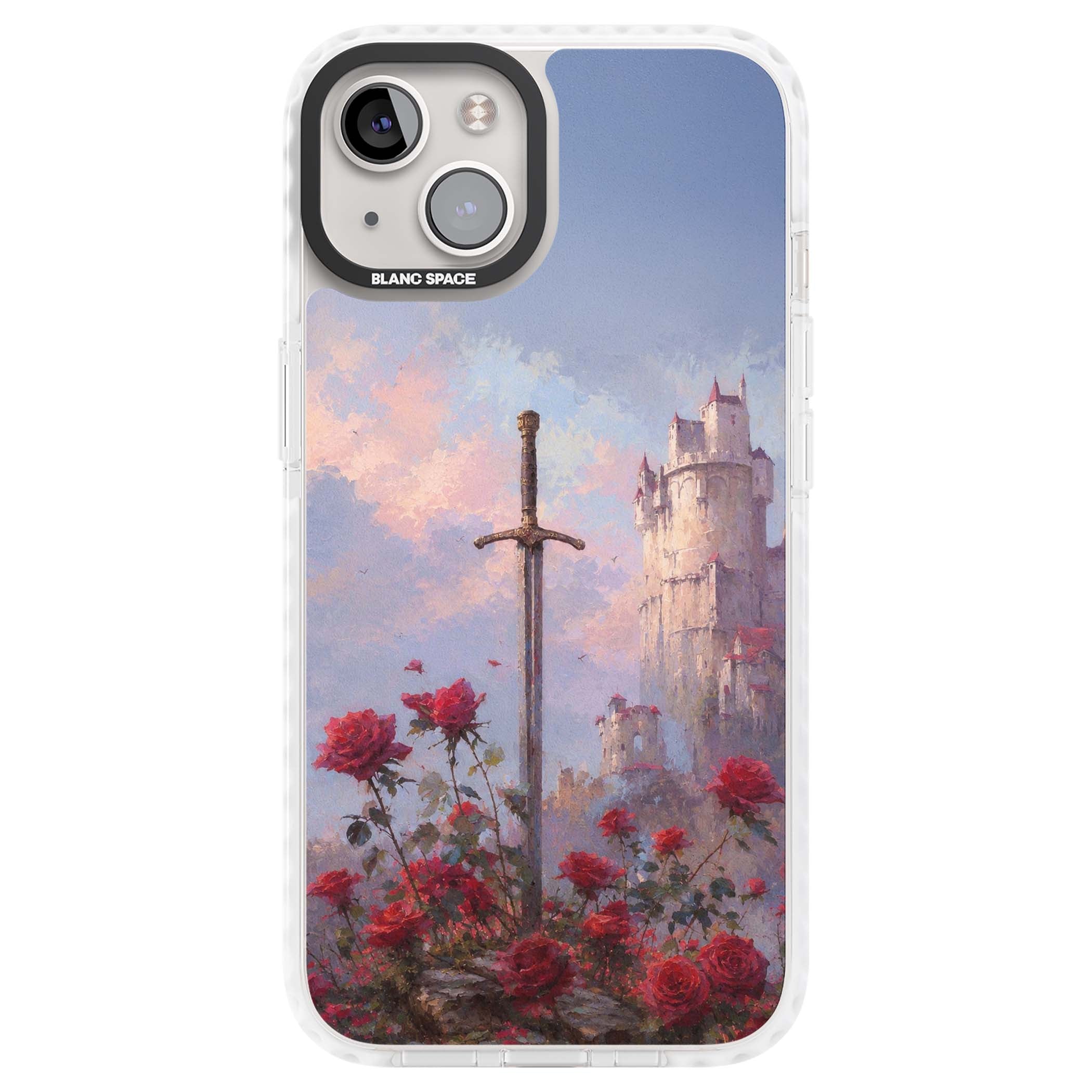 Sword in Roses medieval art iPhone case featuring a sword, red roses, and a misty fairytale castle at sunset | Impact Magsafe case for iPhone 13, iPhone 14, iPhone 15