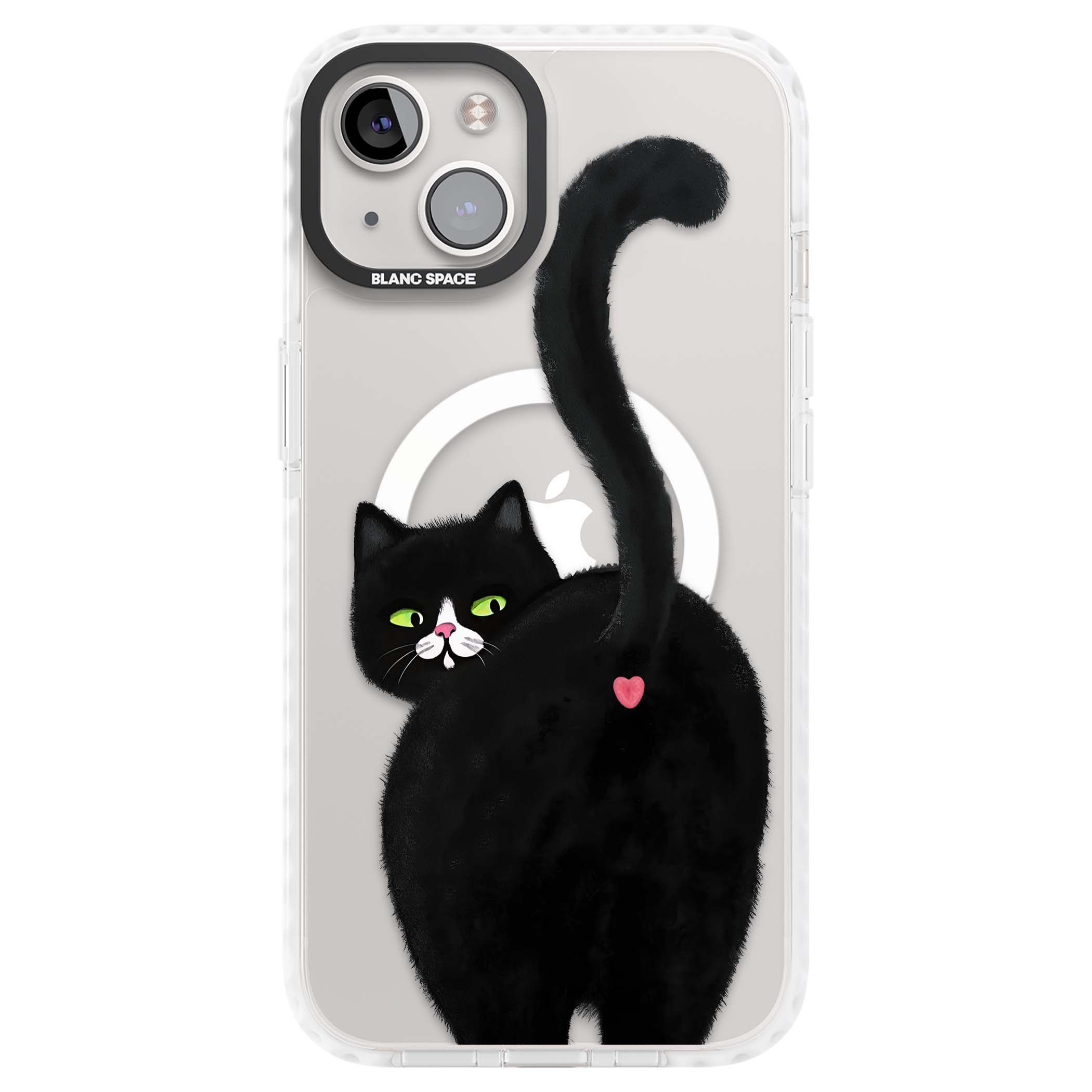 The Cat's Kiss cute cat iPhone case featuring a hand-painted tuxedo kitty with green eyes and a pink heart on a clear | Impact Magsafe case for iPhone 13, iPhone 14, iPhone 15