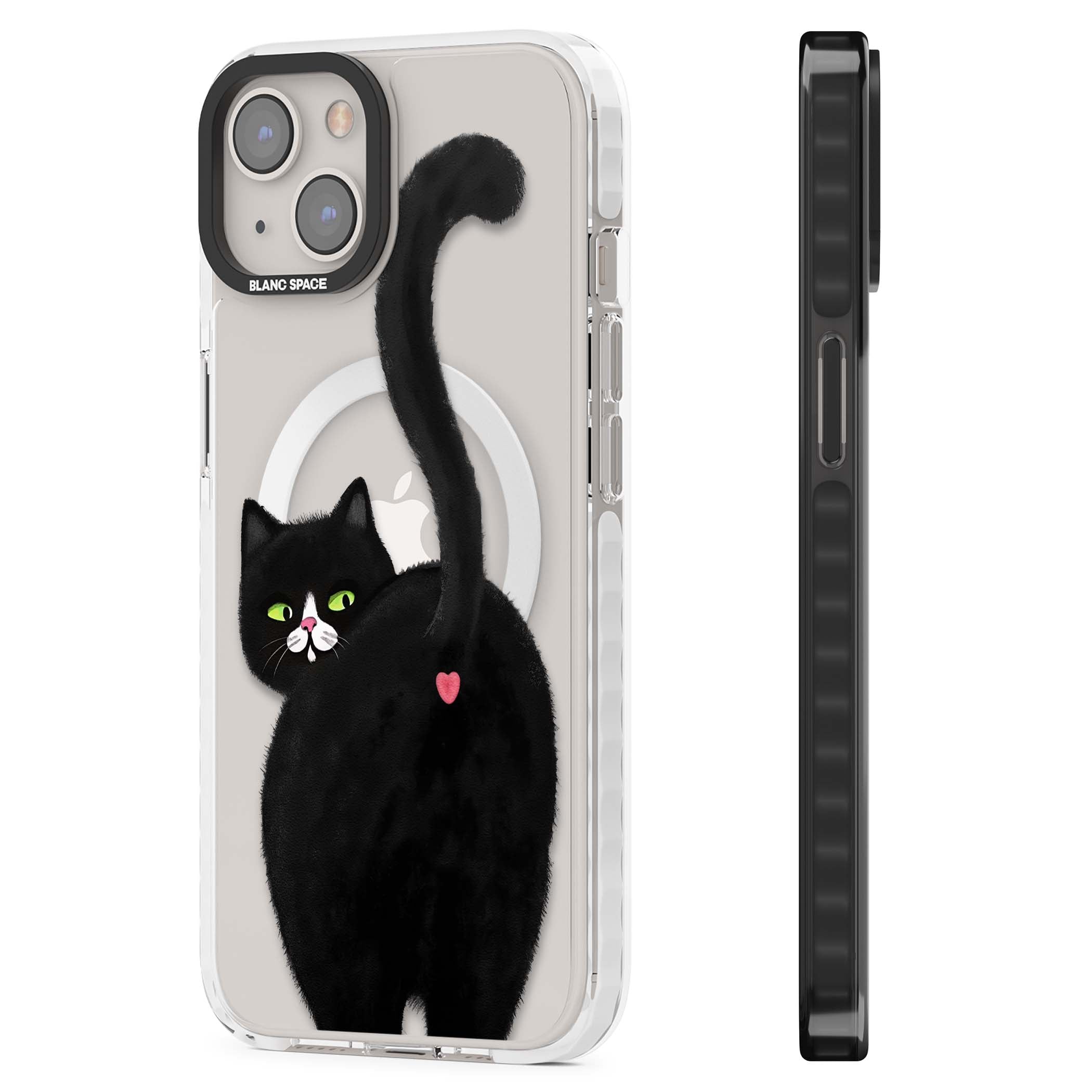 The Cat's Kiss cute cat iPhone case featuring a hand-painted tuxedo kitty with green eyes and a pink heart on a clear | Impact Magsafe case for iPhone 13, iPhone 14, iPhone 15