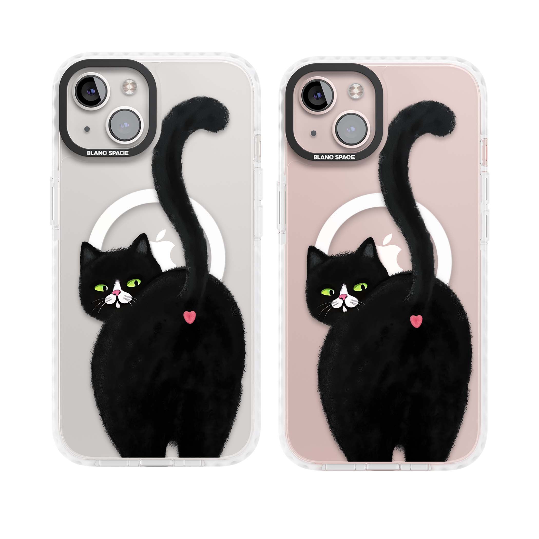 The Cat's Kiss cute cat iPhone case featuring a hand-painted tuxedo kitty with green eyes and a pink heart on a clear | Impact Magsafe case for iPhone 13, iPhone 14, iPhone 15