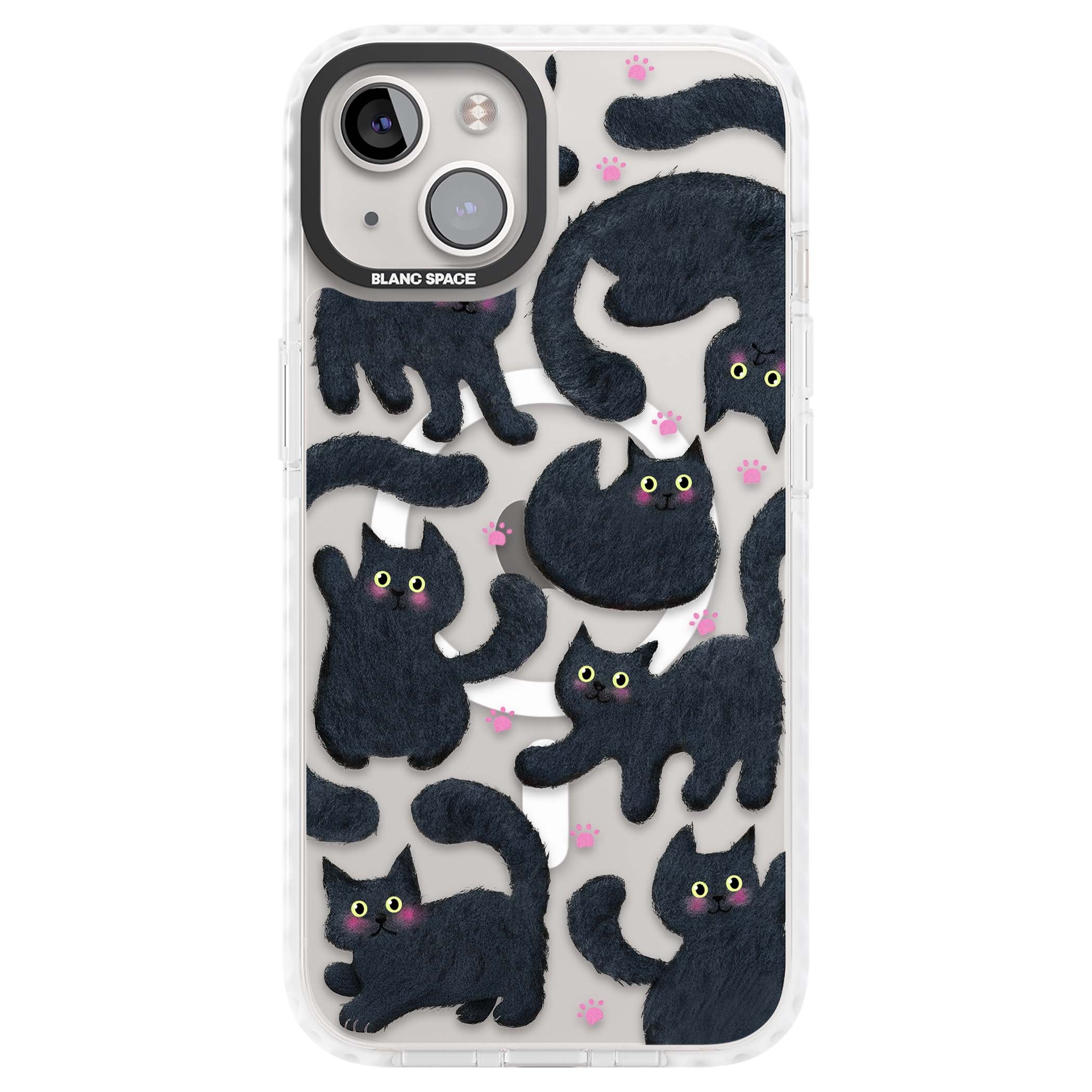 Midnight Cats cute iPhone case featuring black cat pattern with yellow eyes and pink paw prints | Impact Magsafe case for iPhone 13, iPhone 14, iPhone 15