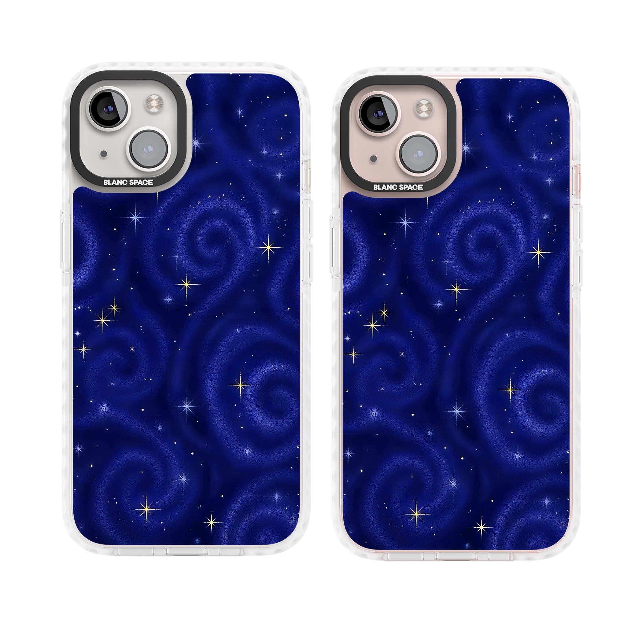Indigo Cosmos celestial iPhone case featuring swirling navy night sky and sparkling golden stars | Impact Magsafe case for iPhone 13, iPhone 14, iPhone 15