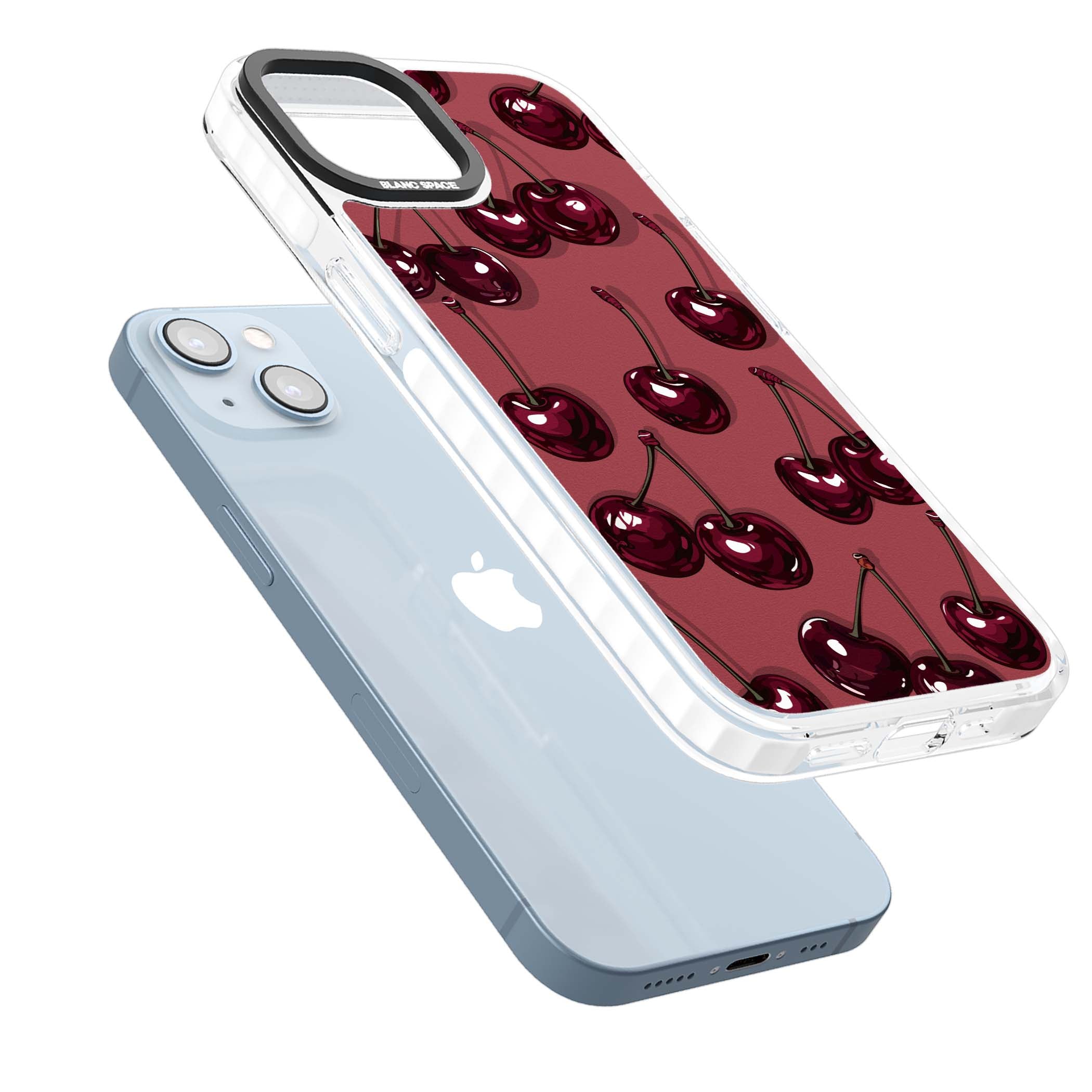Cherry Rebel coquette iPhone case featuring glossy burgundy cherries on a dusty rose background | Impact Magsafe case for iPhone 13, iPhone 14, iPhone 15