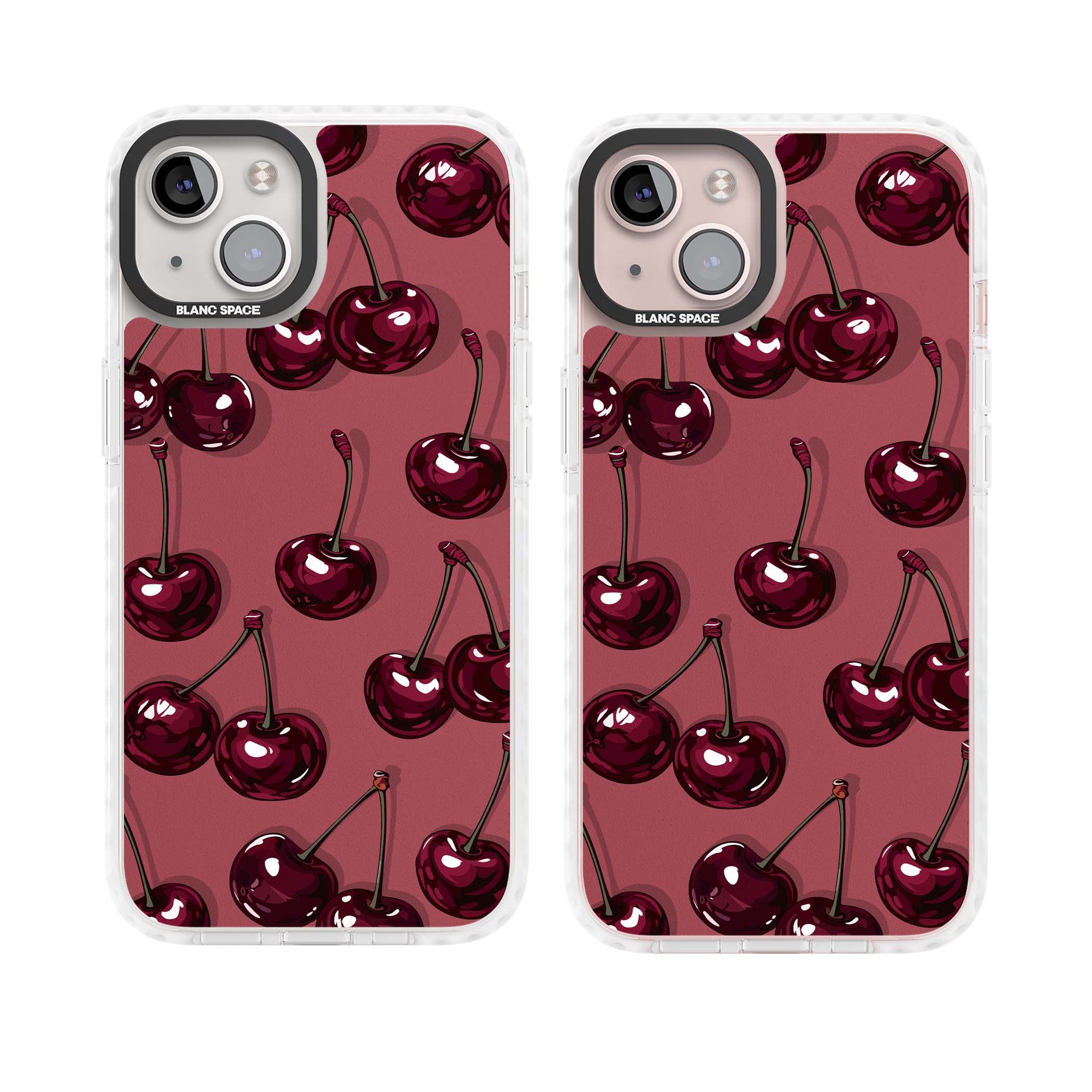 Cherry Rebel coquette iPhone case featuring glossy burgundy cherries on a dusty rose background | Impact Magsafe case for iPhone 13, iPhone 14, iPhone 15